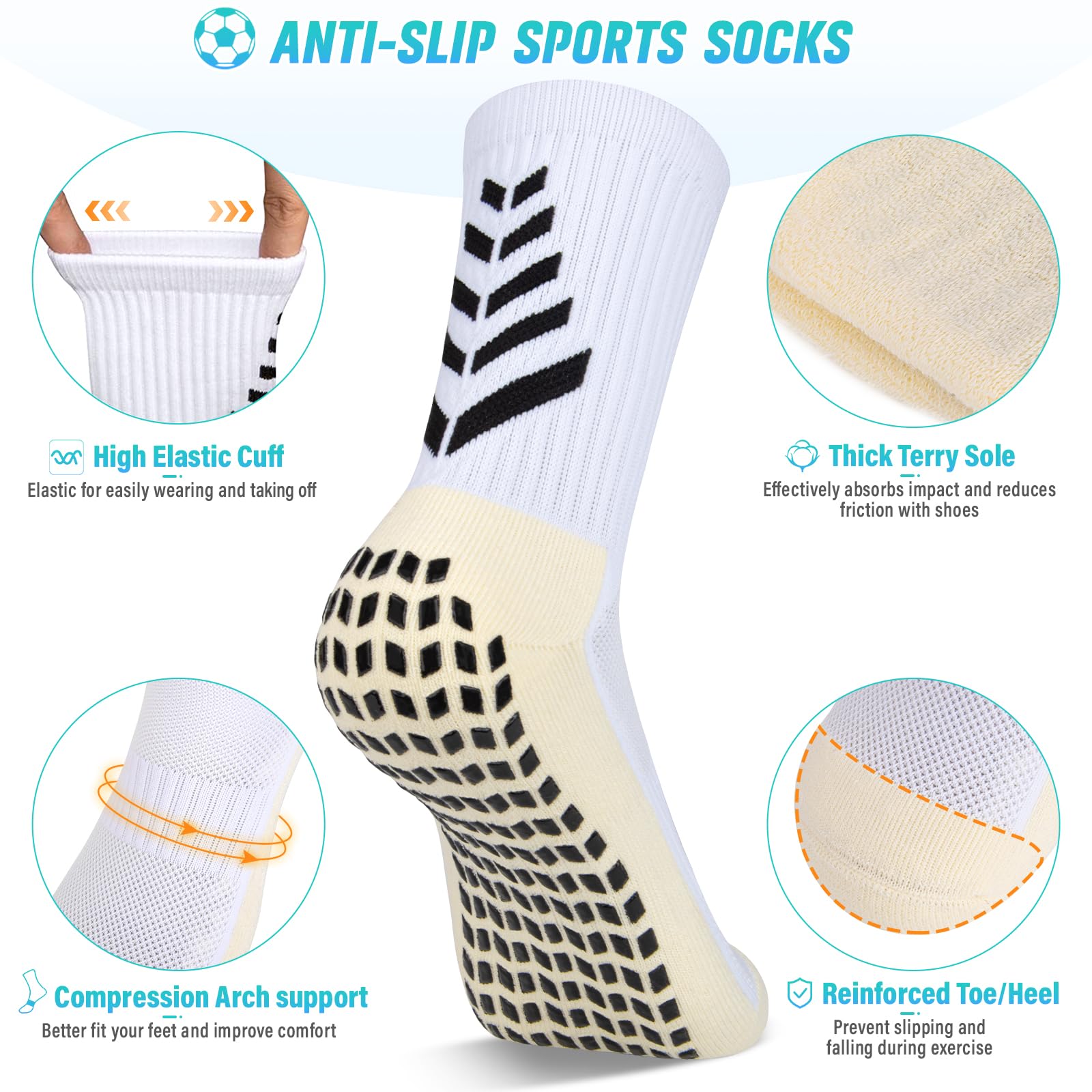 LUROON Calze Antiscivolo Calcio Uomo 37-46, 3/4 Paia Calzini Grip Calcio in Silicone Grip Anti Vesciche Calzini Sportivi Donna Traspirante Calze Antiscivolo Calcio per Ciclismo Trekking