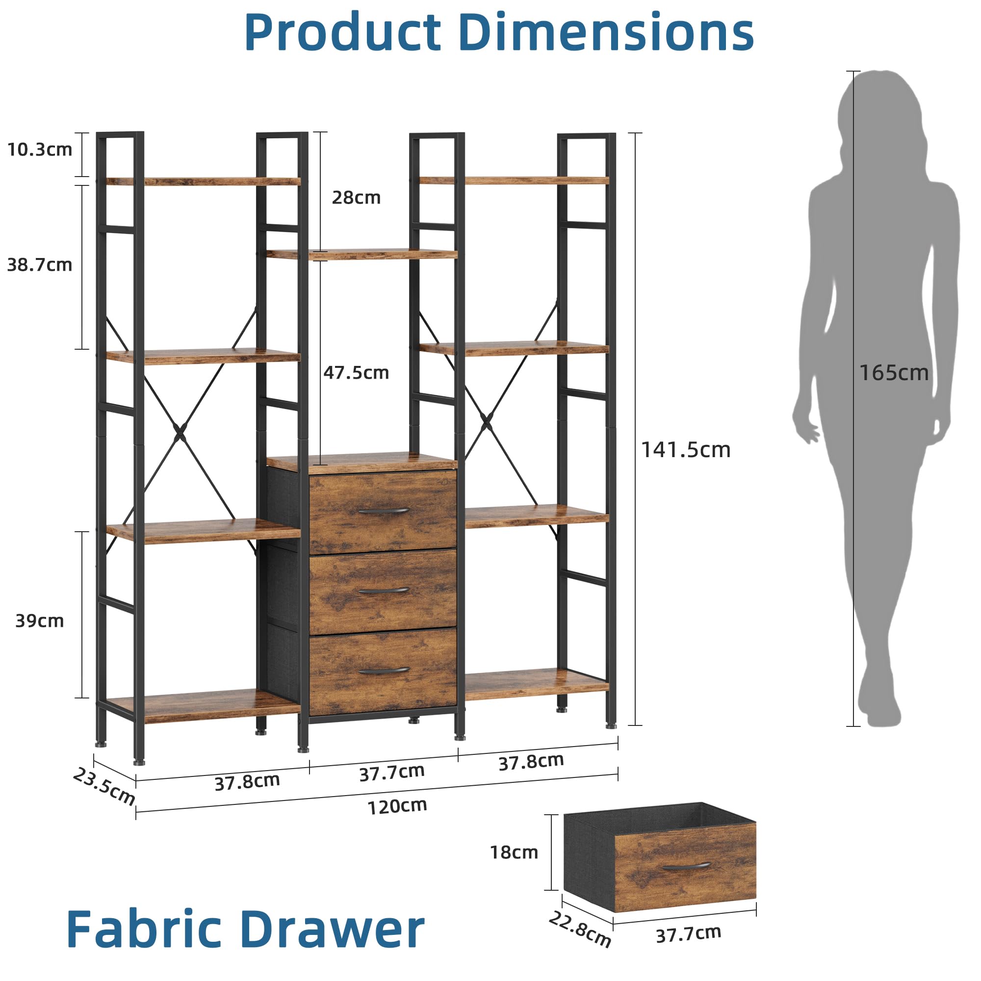 Libreria Estanteria de Alto 120W x142Hcm con 3 Cajones de Tela, Estanteria Libros de 4 Niveles, Estantería Grande de 120 cm de Ancho para Sala de Estar Dormitorio Estudiar Marrón Rústico
