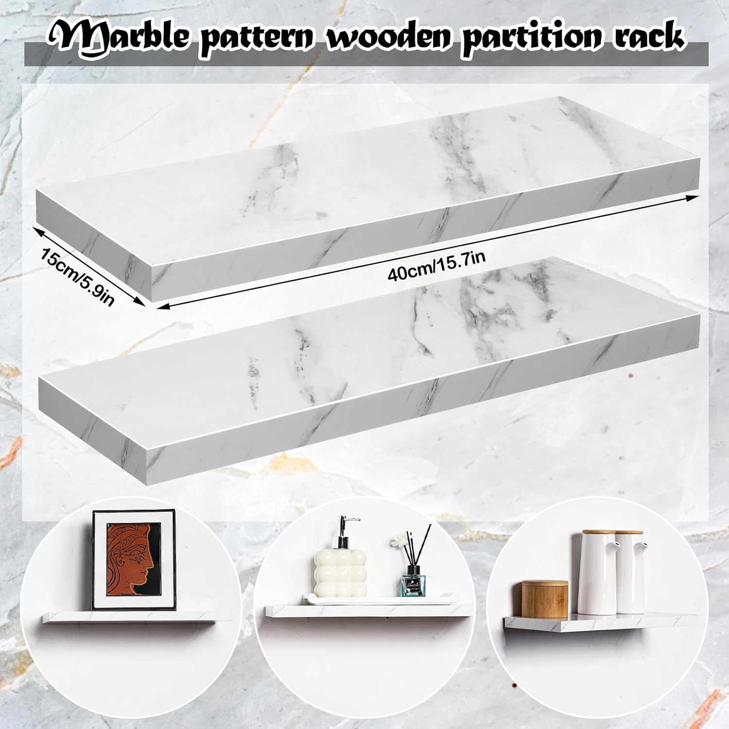 Pinkunn 3 Pcs Faux Marble Floating Shelves Modern Wooden Floating Shelf Wall Mount Organizer Decor for Home Bathroom Kitchen Storage and Display(White)