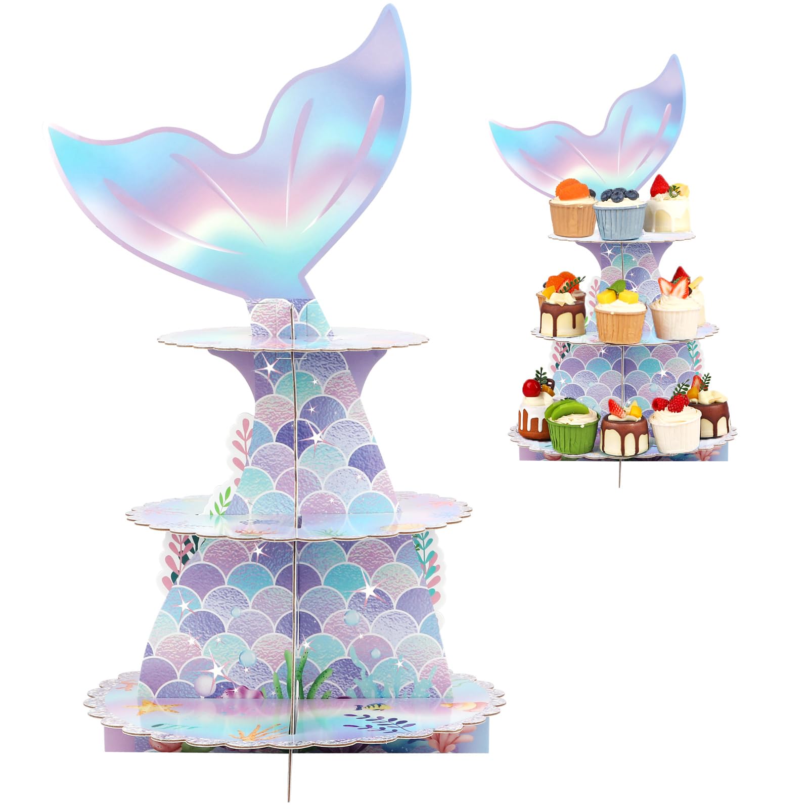 WINKIO 3 Tier Mermaid Cupcake Stand Party Decorations Mermaid Theme Cupcake Holder Mermaid Baby Shower Cake Holder Birthday Dessert Stand for Mermaid