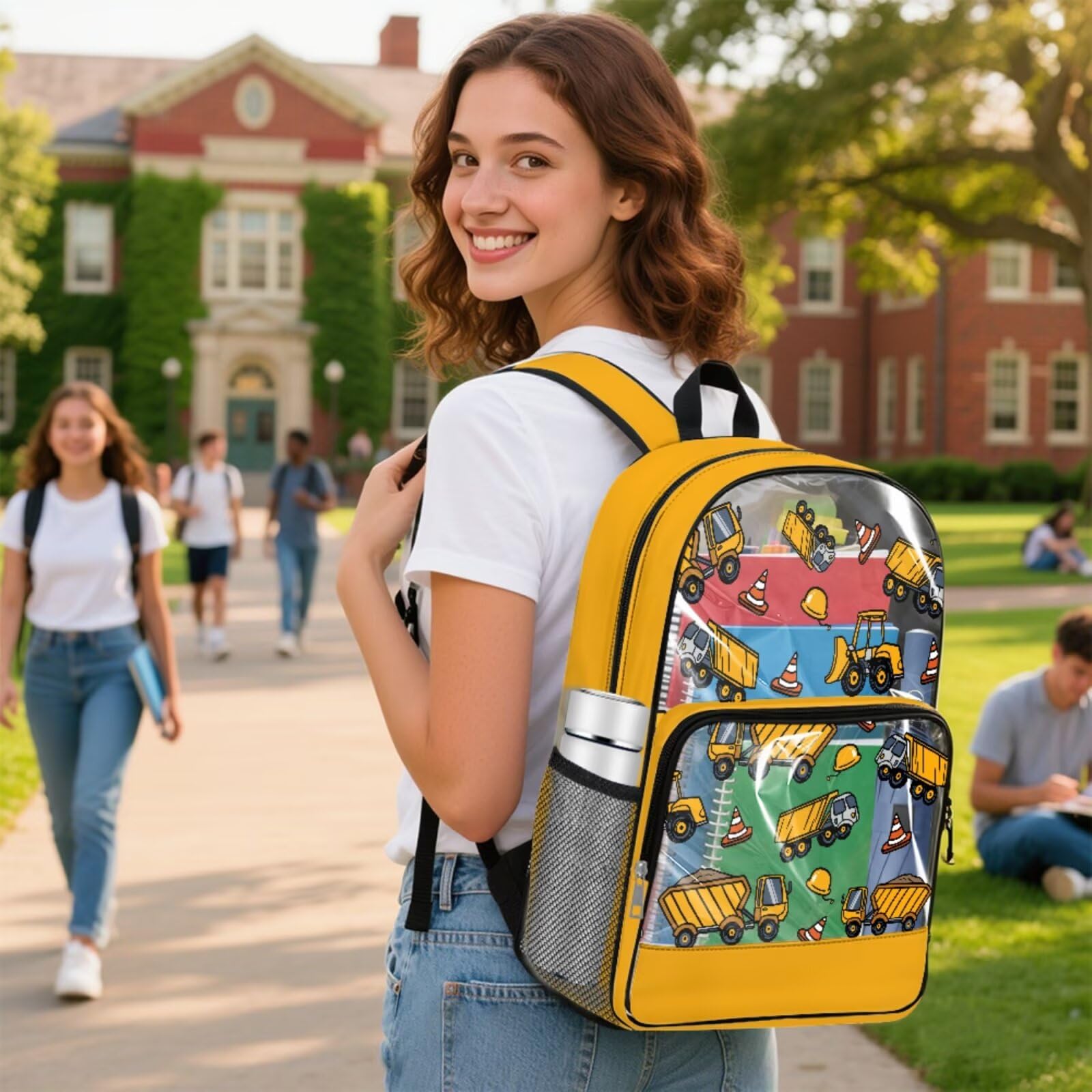 COEQINE Zaino trasparente da 4 pezzi per ragazzi 8-12 bambini borsa per libri scolastici con astuccio in PVC grande scatola per il pranzo Bookbag portachiavi, Costruzione Auto Giallo