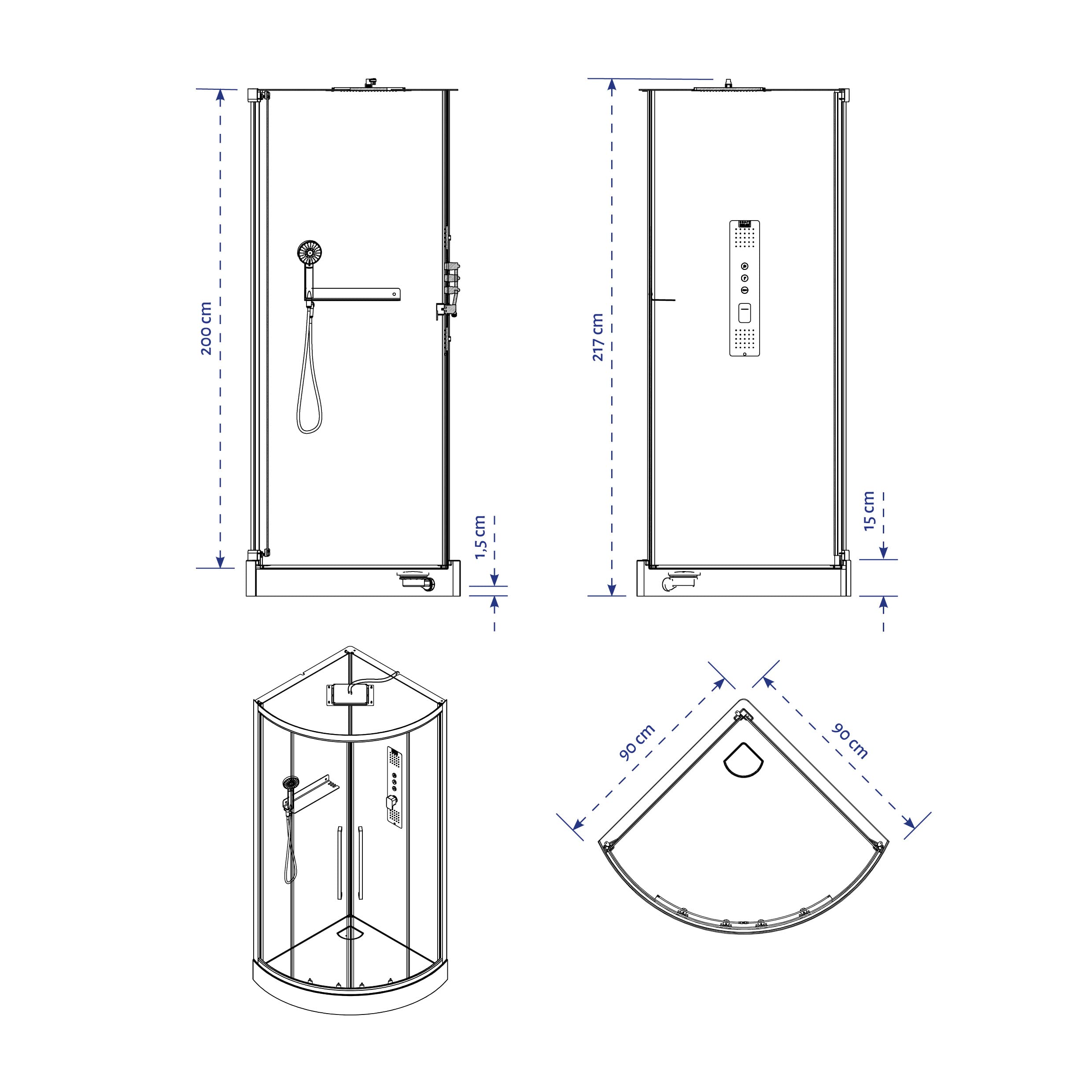 MARWELL Komplettdusche Fertigdusche White Round 90 x 90 x 215 cm – Eckdusche mit Fronteinstieg - Duschkabine mit hochwertigen Aluminiumprofilen - Einstiegshöhe 15 cm