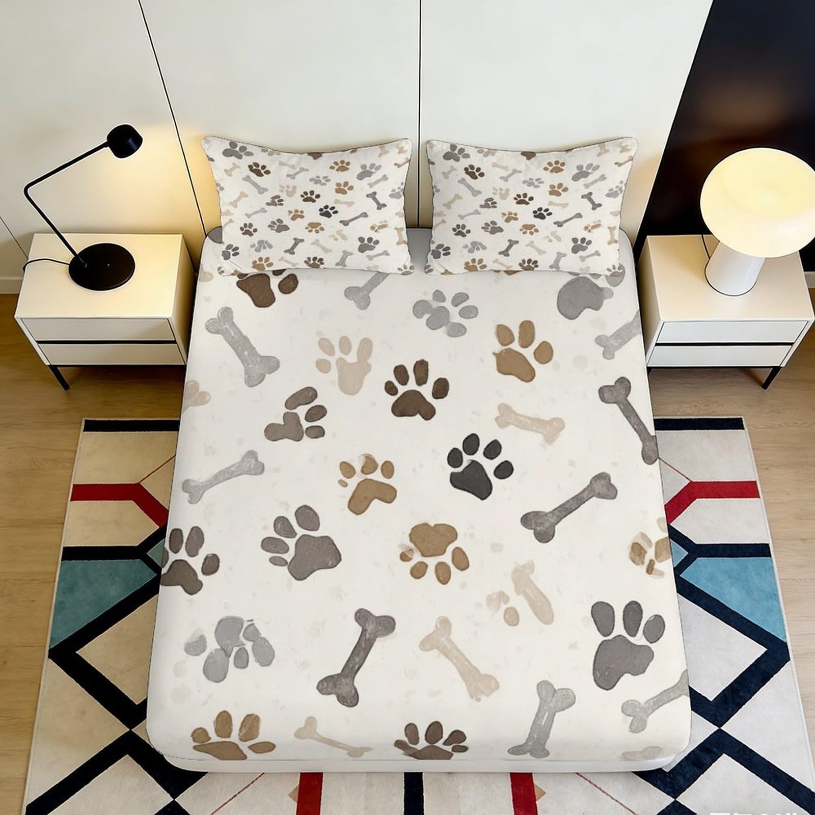 3D Printed Paw Print Fitted Sheet Microfiber Soft Beige Grey Bone Bed Cover for Bedroom Guest Room Mattress Decor 90x200x25cm