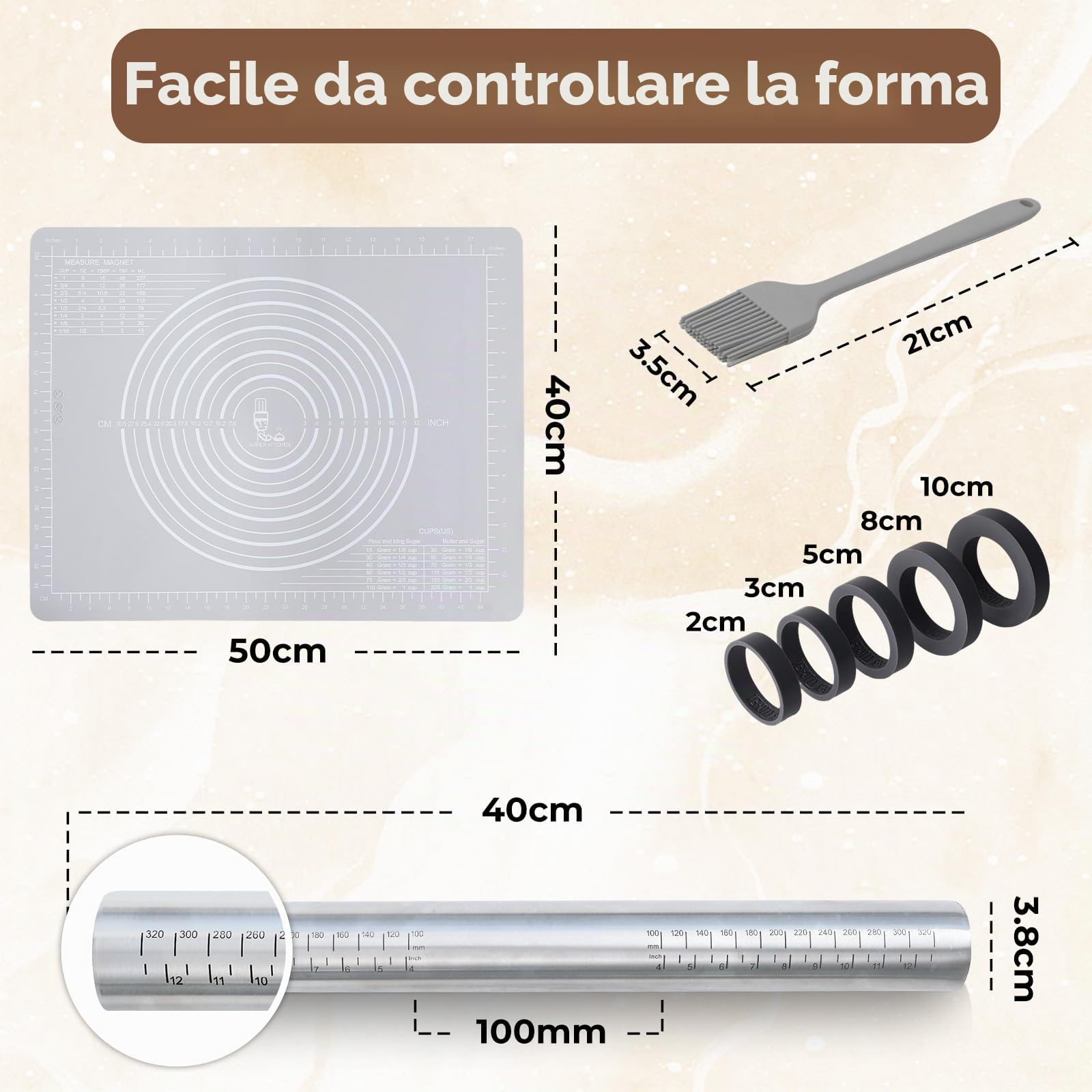 SUPER KITCHEN Mattarello in Acciaio Inox Con 5 Dischi Regolabili Anello, Stuoia di Rolling della Pasticceria del Silicone Antiaderente Tappetino da Forno Spianatoia per Impastare (50x40cm, Grigio)