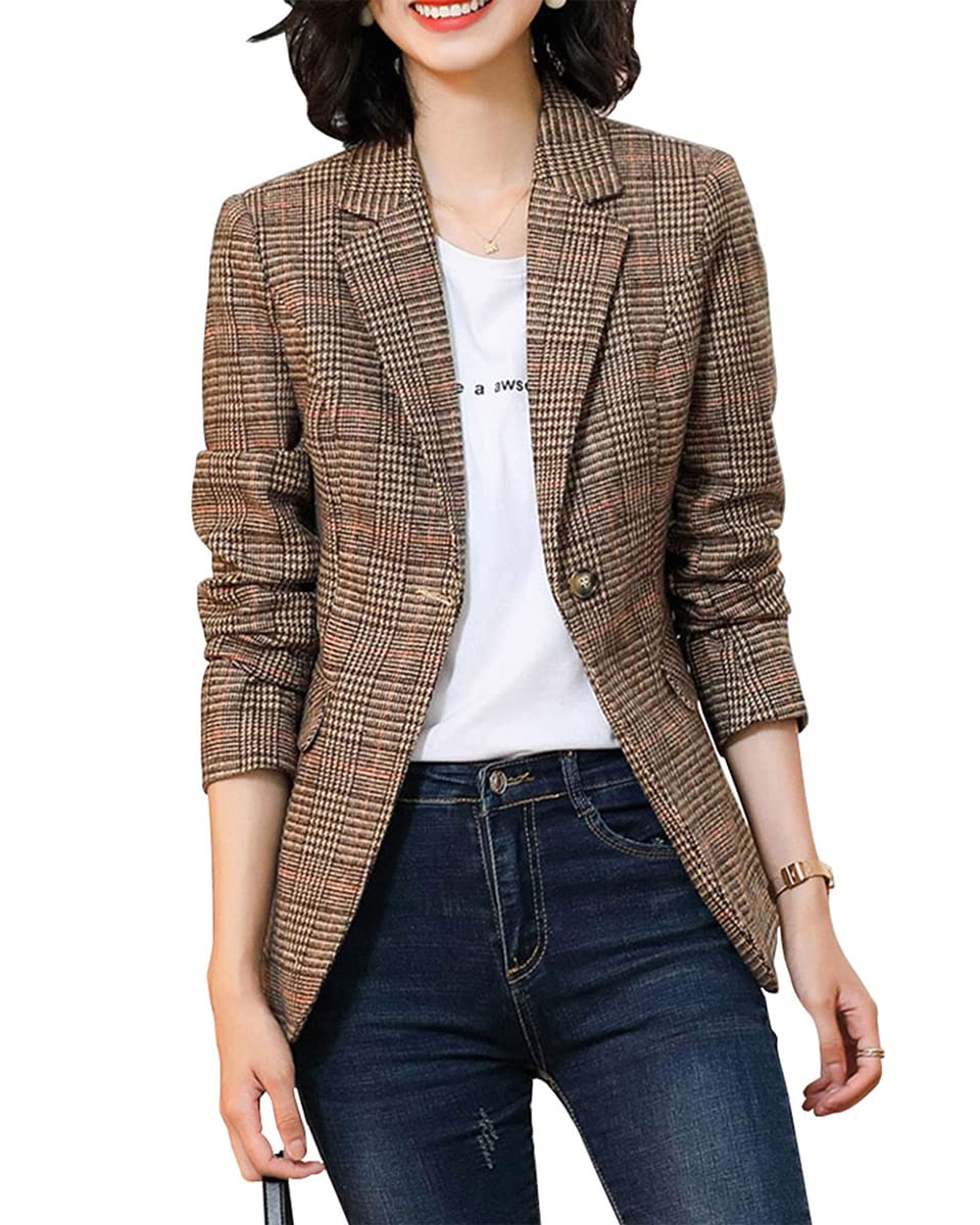 Womens Plaid Blazer Classic Notch Lapel Button Long Sleeve Slim Checker Jacket Outwear