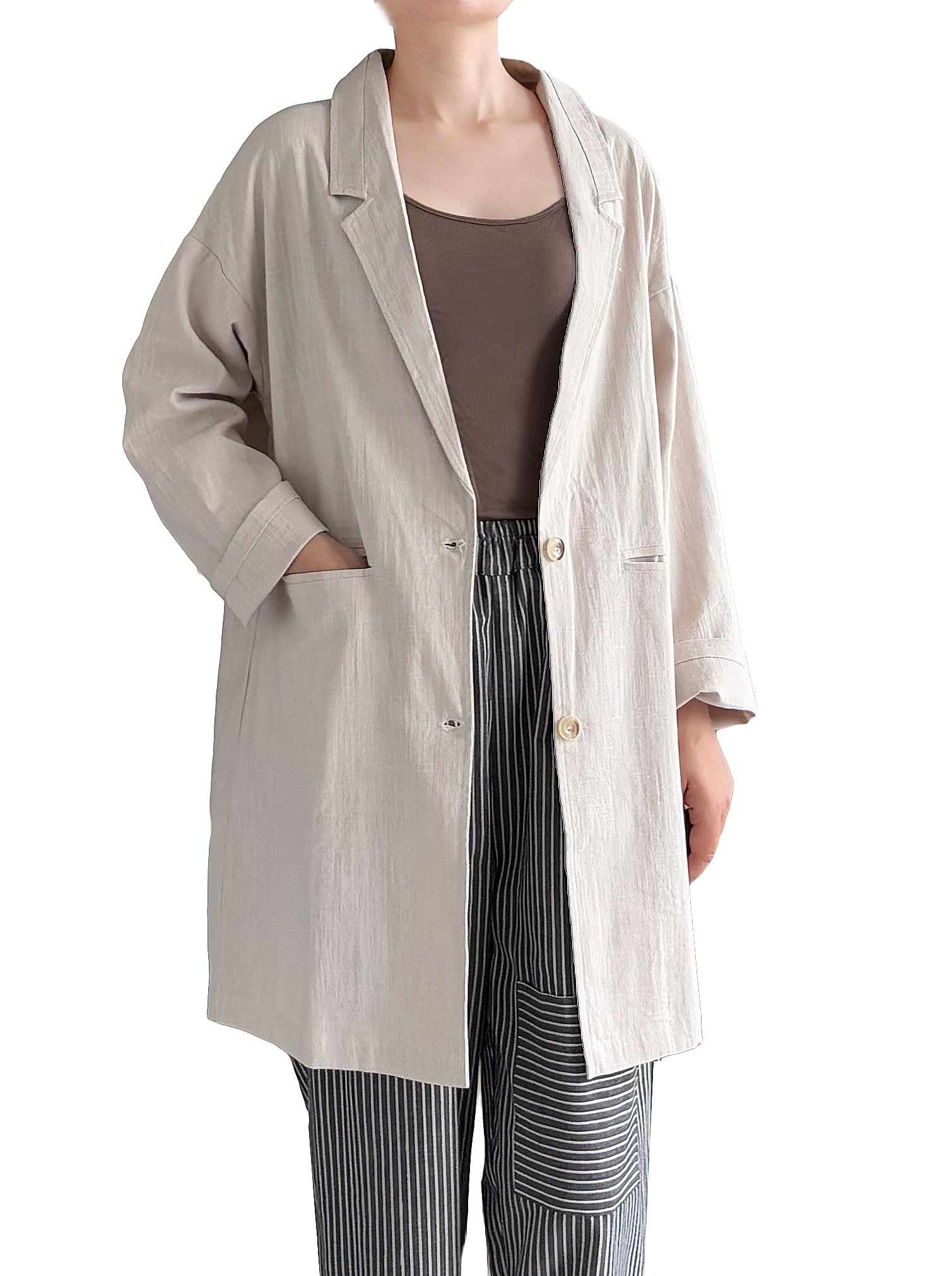Minibee Womens Blazer Lightweight Jackets Cotton Linen Long Sleeve Shirts Casual Blouses Jacket with Pockets