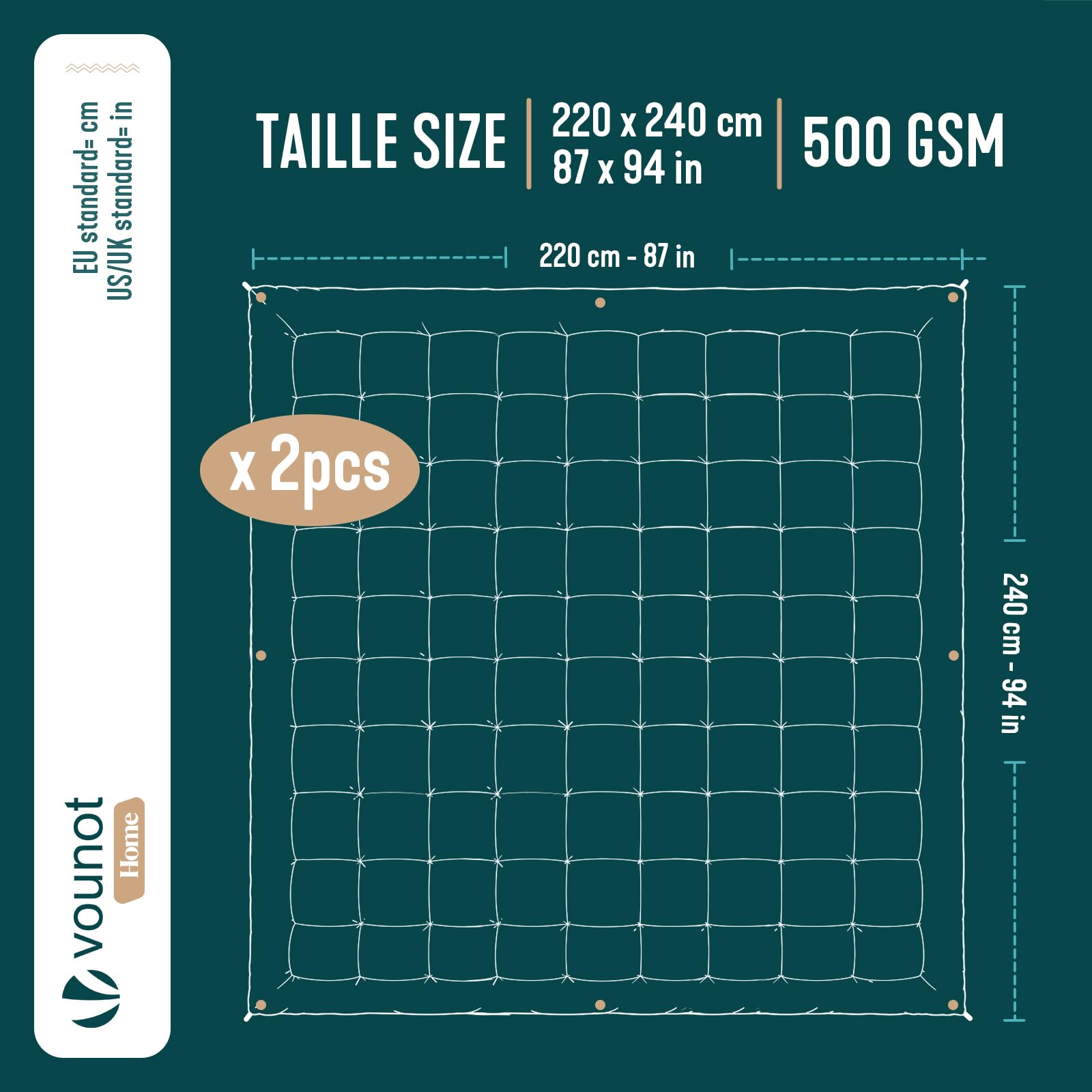 vounot® Couette 4 Saisons 220x240 cm 3 en 1-200g/m²+ 300g/m²= 500g/m² Couette Hiver en Microfibre Couverture Douce avec Rembourrage Moelleux Certifiée Oeko-Tex Blanc