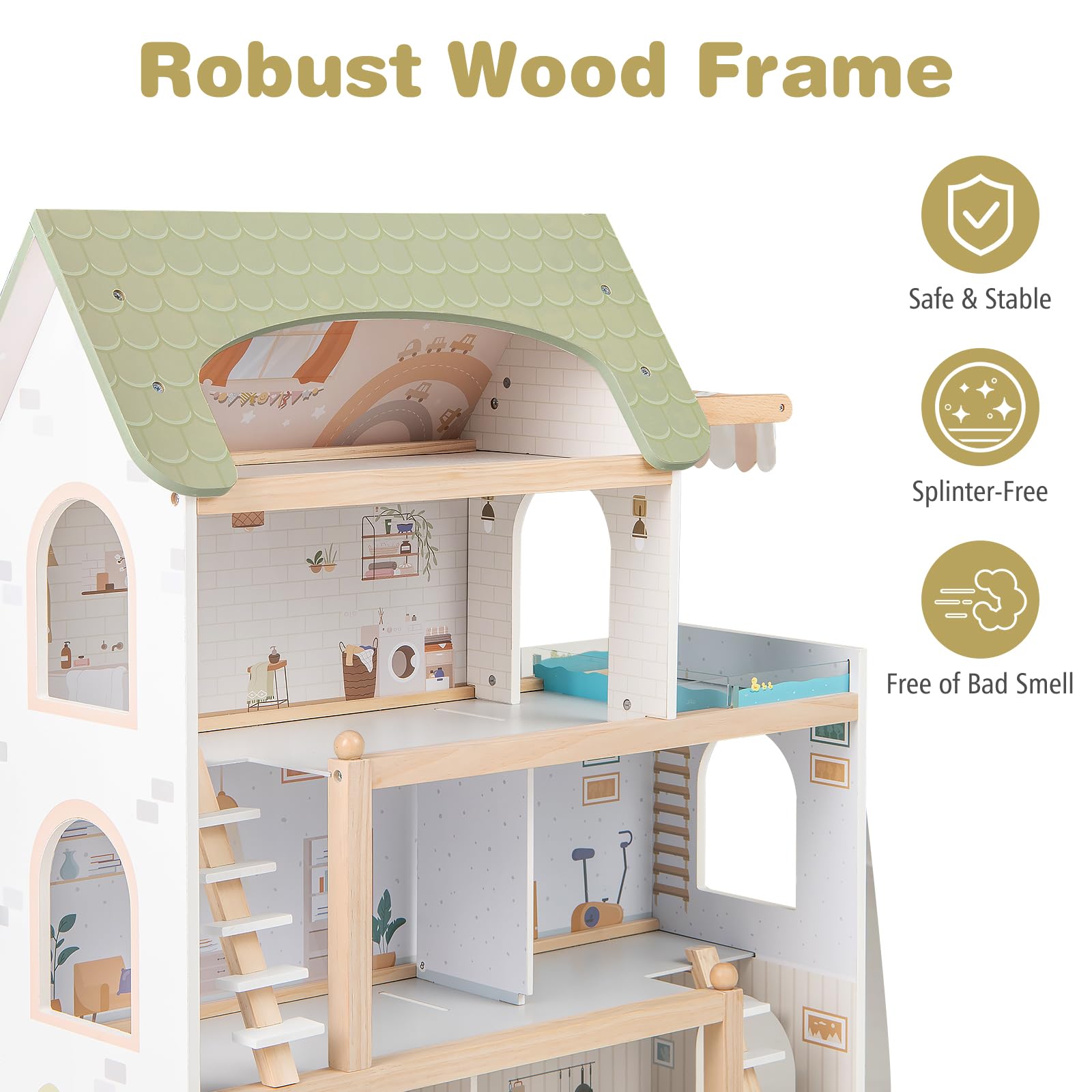 HOMASIS Casa de Muñecas de Madera con Muebles y Accesorios Completos, Casa de Muñecas con 3 Plantas y Muchas Habitaciones, Juego de Simulación para Niños de 3+ Años (Estilo 2)