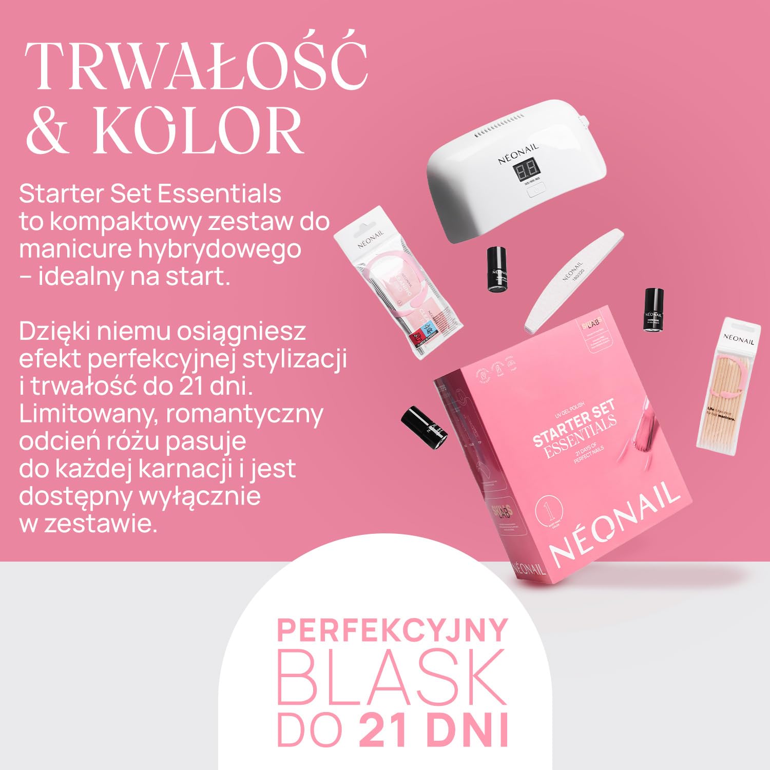 NÉONAIL Zestaw do manicure hybrydowego - Essentials Starter Set - Zestaw do stylizacji paznokci z lampą LED 10W/36