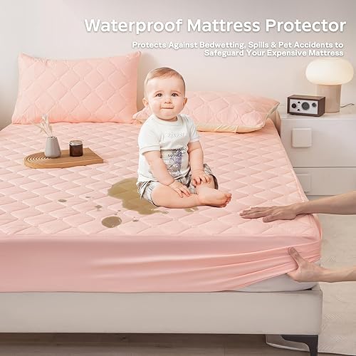 Miniatura 4 de Protector de colchón impermeable tamaño Queen, funda de colchón acolchada con bolsillos profundos elásticos de 17 pulgadas, bordes elásticos,