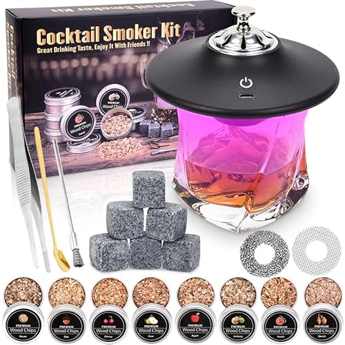 Electric Whiskey Smoker Kit, Old Fashioned Smoker Kit with 8 Wood Chip, Cocktail Smoker Kit with Whiskey Stone, Drink Smoker Gift Set for Birthday, Bo