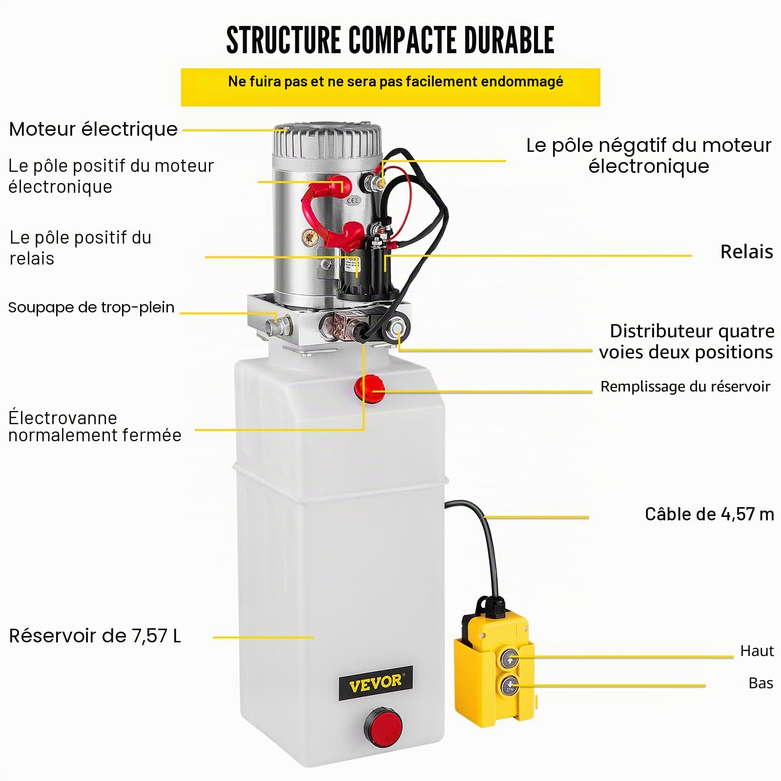 VEVOR Pompe Hydraulique 12 V 8 L, Pompe Hydraulique Remorque Simple Effet Réservoir Plastique, Démarrage Rapide Débit d'Huile Rapide Aucune Fuite, Remorque Élévateur à Ciseaux