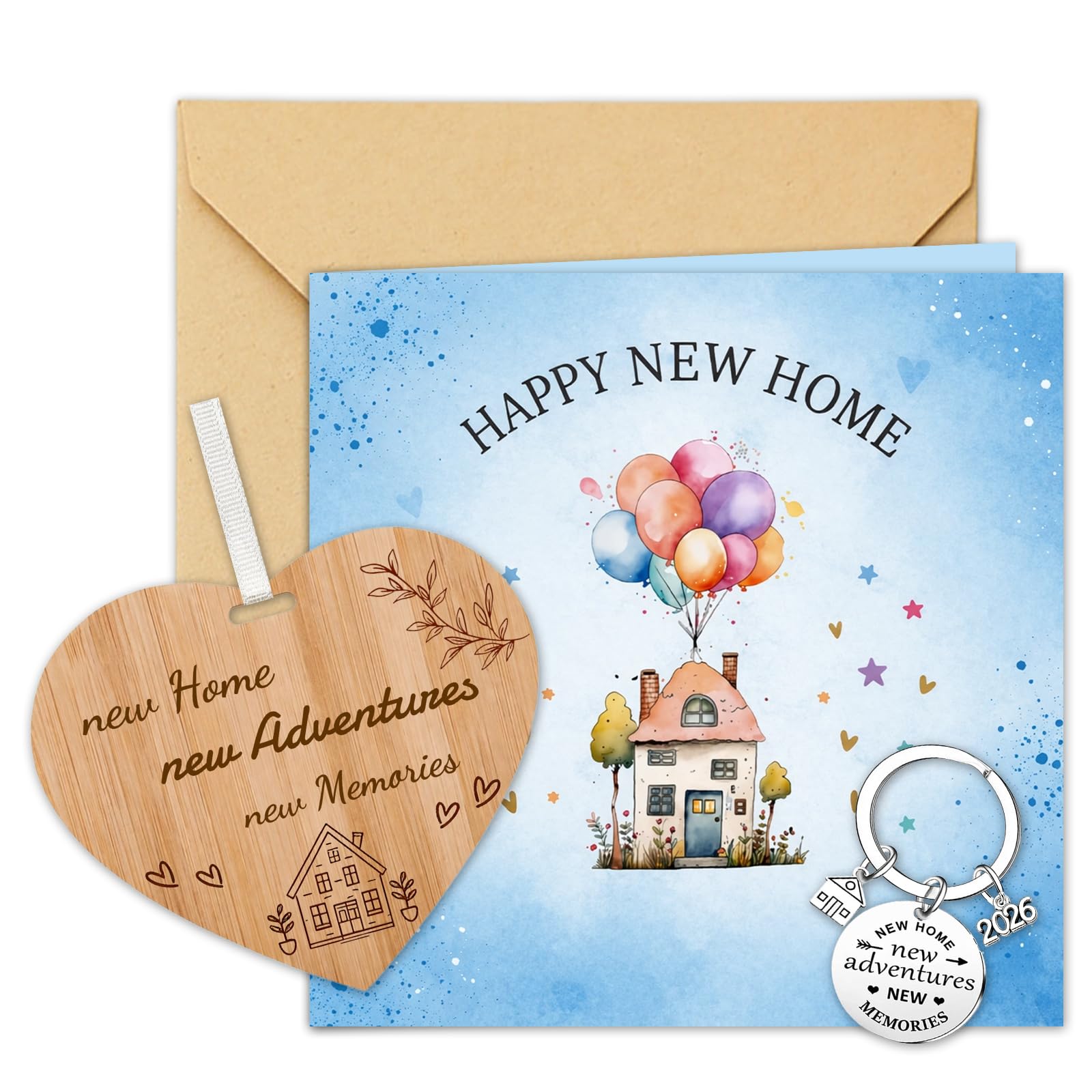 Happy New Home Card, Complete Housewarming Gifts Bundle, Keepsake Keychain With Smooth Wooden Heart Plaque, Kraft Envelope, Ideal New Home Gifts For Women Men Sister Brother Friends Colleague