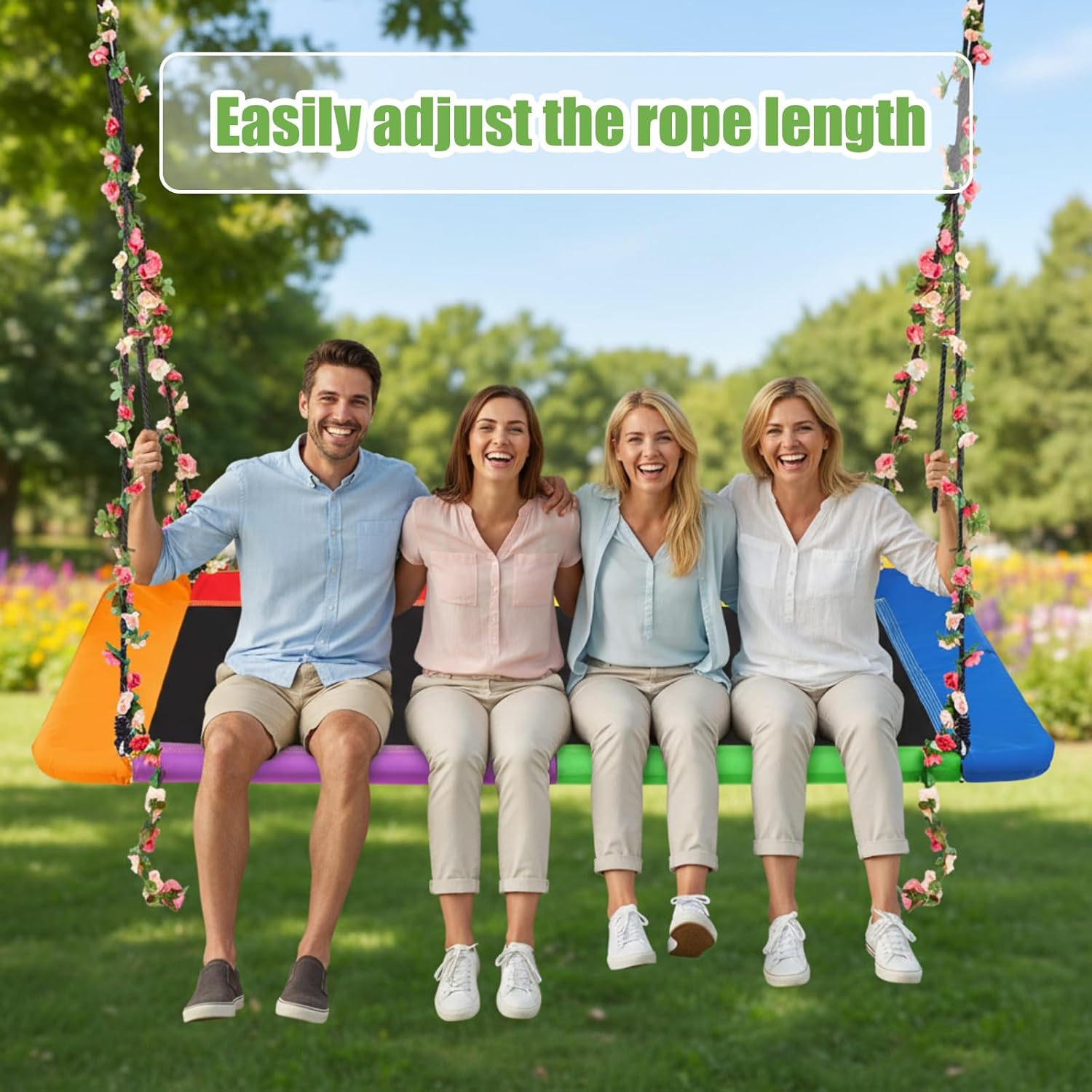 70" x 40'' Extra Large Platform Tree Swing for Adults with 2 Artificial Flower Garland and Adjustable Straps 800lbs Heavy Duty Waterproof Rectangle Swing for Gift Outdoor Game Christmas