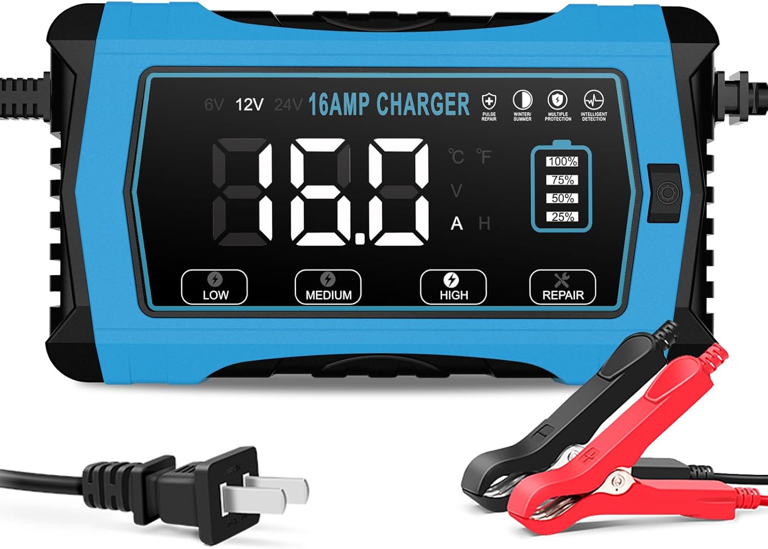 16 AMP Battery Charger, 6V/12V/24V Smart Car Battery Charger, Trickle Charger, Fully Automatic Chargers and Maintainer for Car, Motorcycle, Lawn Mower, Lead-Acid, Lithium, LiFePo4 Batteries