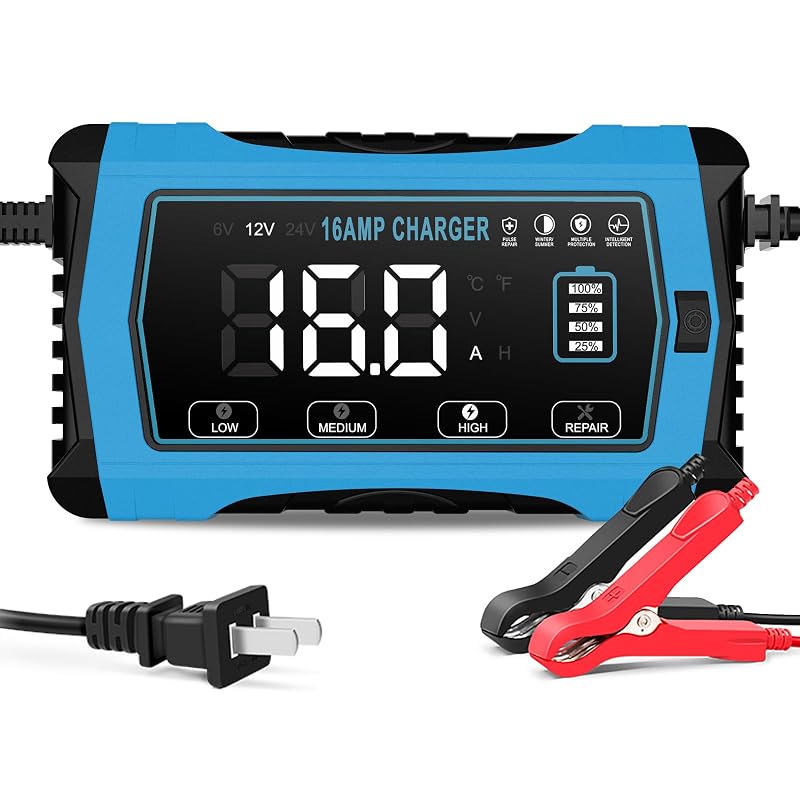 Carregador e mantenedor inteligente de bateria HTRC 6 V/12 V/24 V, 16 A, azul