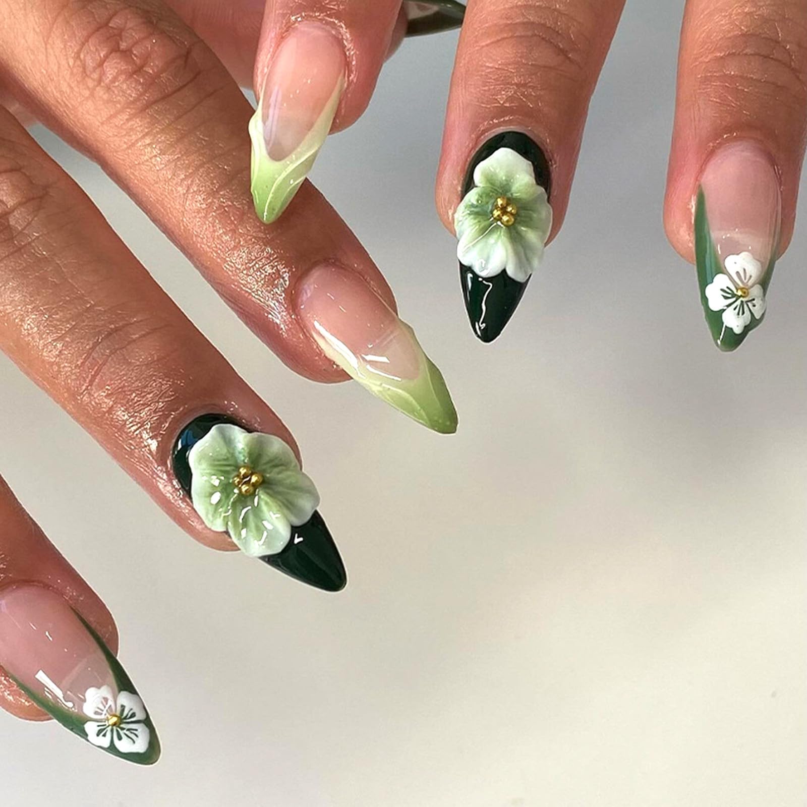 3D Flower Press on Nails Green French Tips Fake Nails Green Flower False Nails Medium Almond Glossy Glue on Nails Rhinestone Stick on Nails for
