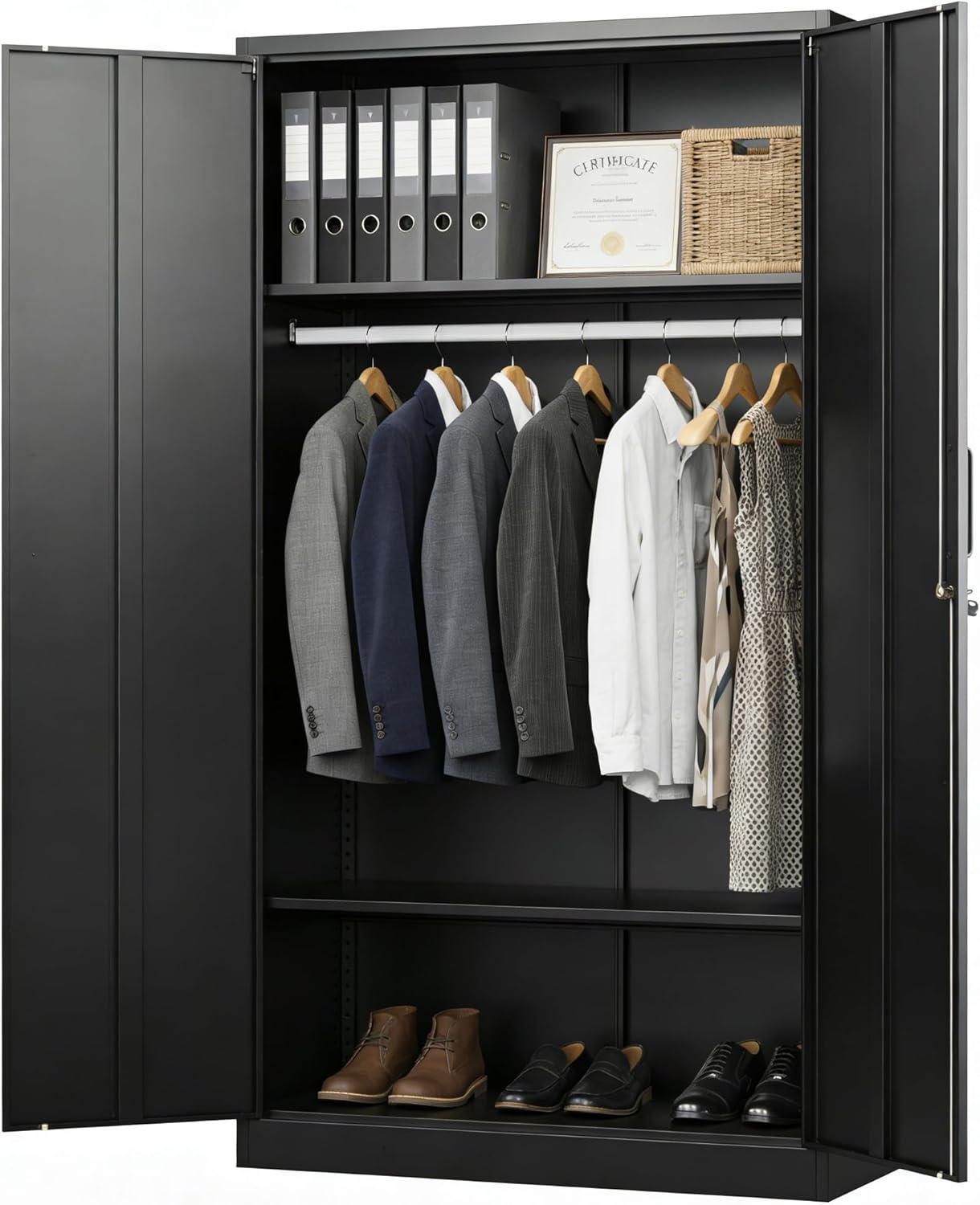 Heavy Duty Steel Storage Cabinet with Lock – 72in Tall Metal Wardrobe Locker – Adjustable Shelves & Hanging Rod – Secure Organization for Garage, Home, Office – Black
