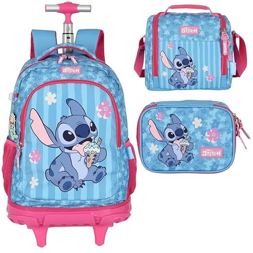 Kit Mochila Stitch com Rodinhas Lancheira Térmica E Estojo Pink