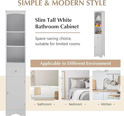 Miniatura 6 de Armario de baño alto con 5 estantes y cajón, torre de almacenamiento delgada con estantes y gabinete ajustables, gabinete de baño estrecho, gabinete