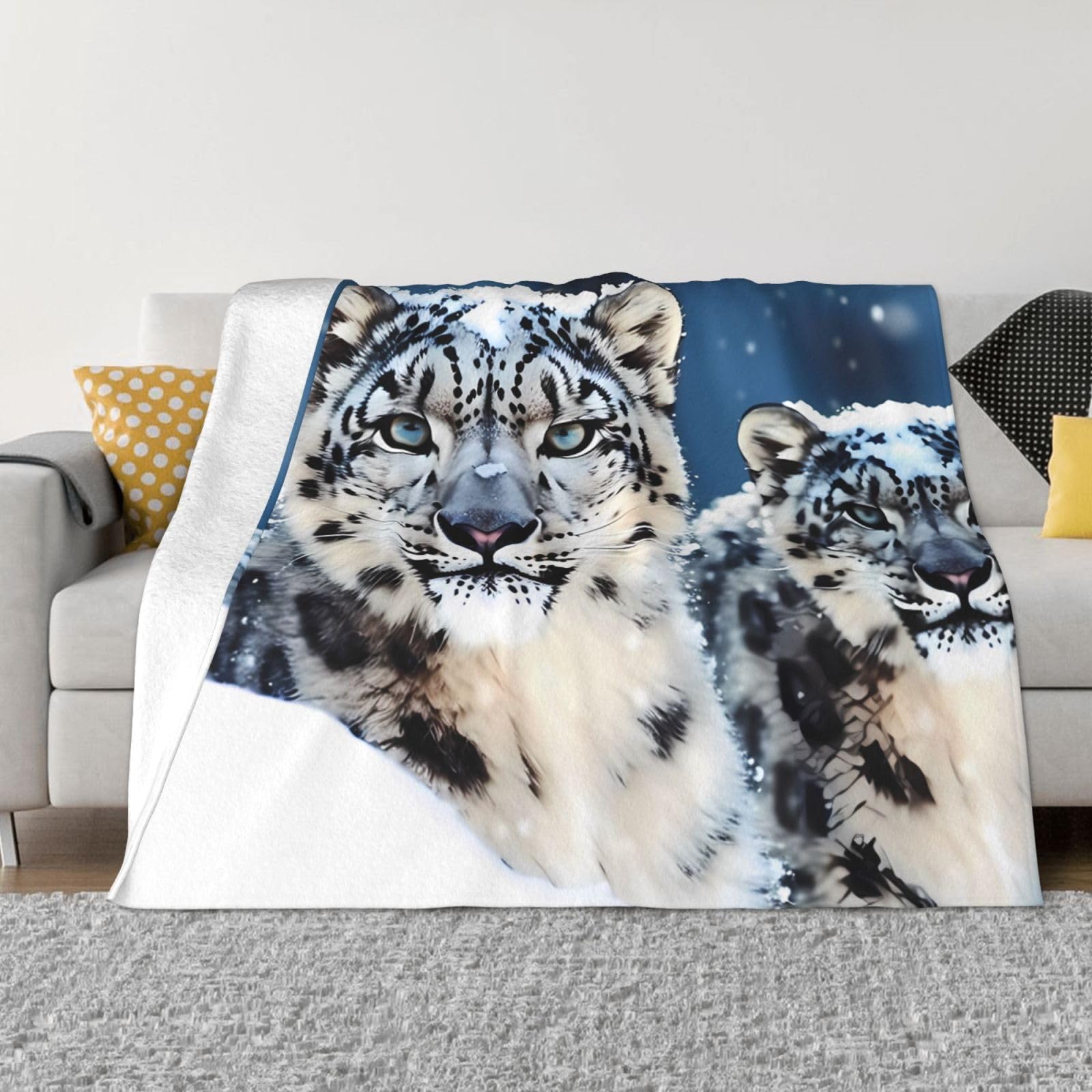 KLOPH Blue Eyed Snow Leopard Throw Blanket 50"x40" Flannel Fluffy Warm Blanket for Couch, Reversible Plush Blankets for Bed, Comfy Fuzzy Blanket for Sofa, Plush Lightweight-Blankets for All Season