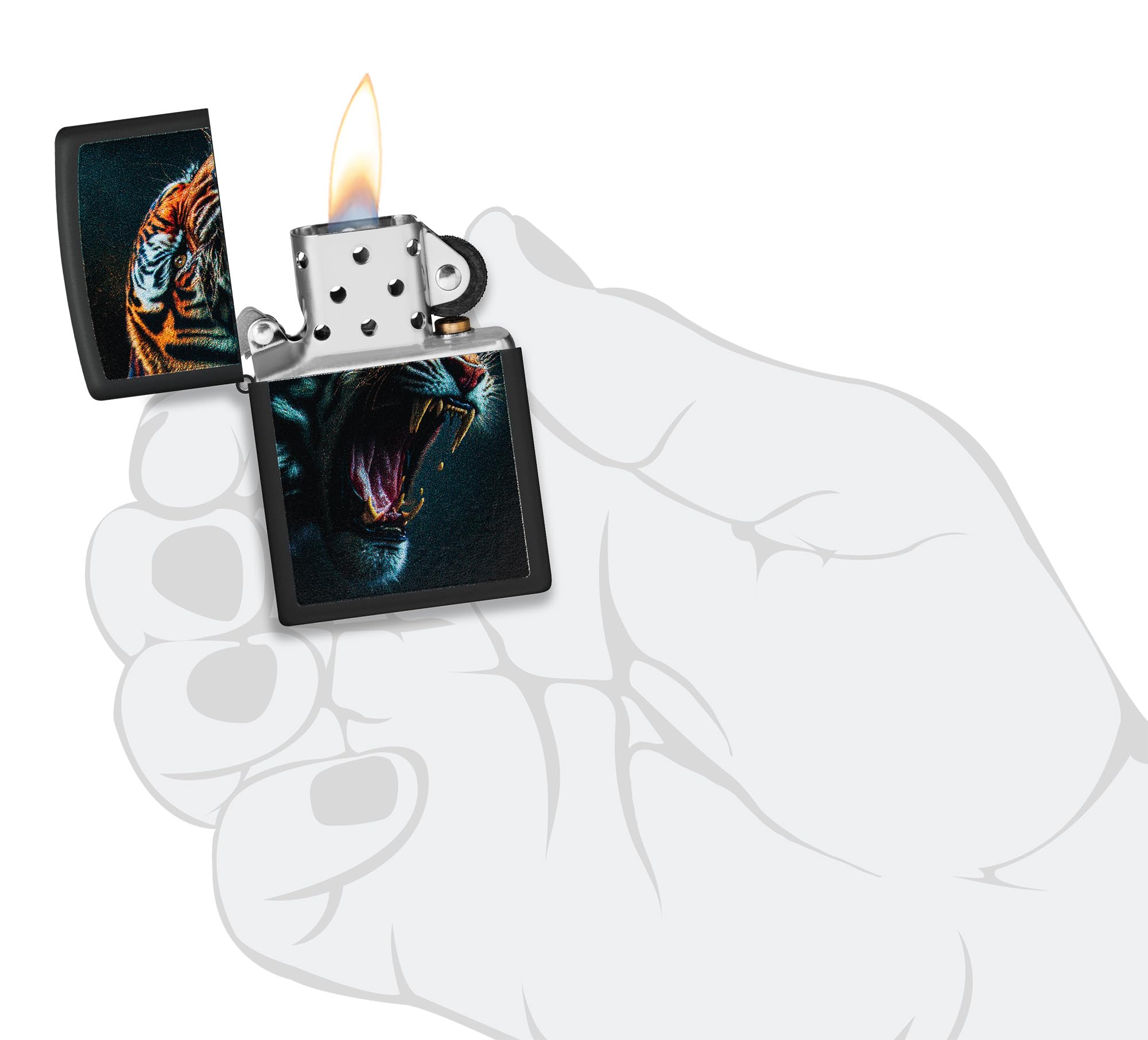 Zippo - Briquet tempête, Motif Tigre féroce, Noir Mat, Impression colorée Color Image, Rechargeable, réutilisable, Coupe-Vent, boîte Cadeau, fabriqué aux États-Unis