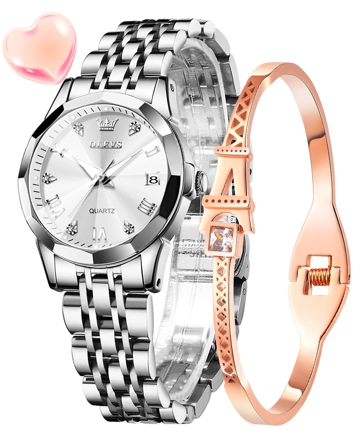 OLEVS Montre Femme Analogique Quartz Acier Inoxydable Étanche Lumineuse Diamant Chic Élégante Cadeau