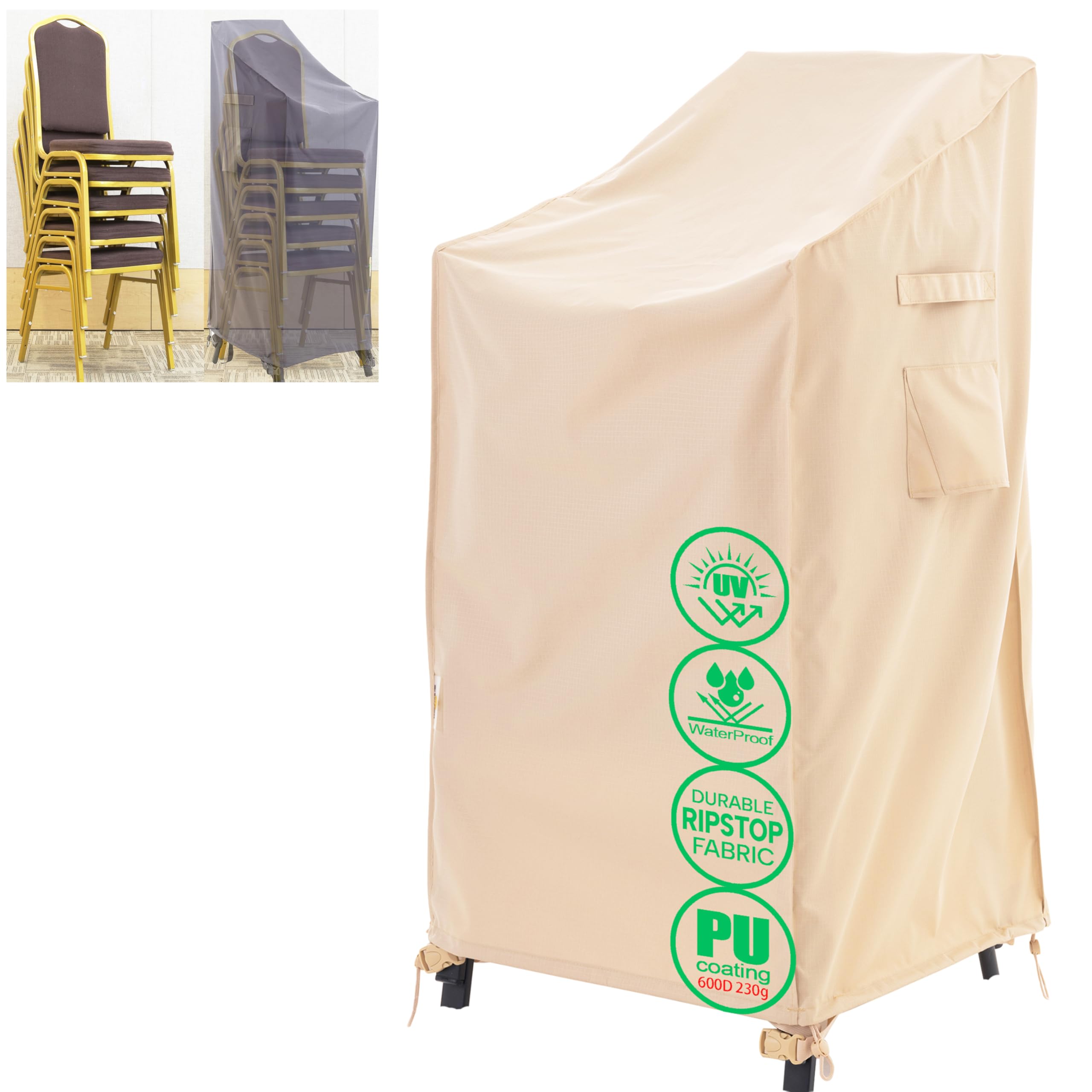 F&J Outdoors Garden Chair Covers waterproof Heavy Duty 230g PU Coating Rip-stop Fabric Windproof Anti-UV Patio Stacking Chair Cover with Drawstring Buckle 69x94x91/119cm