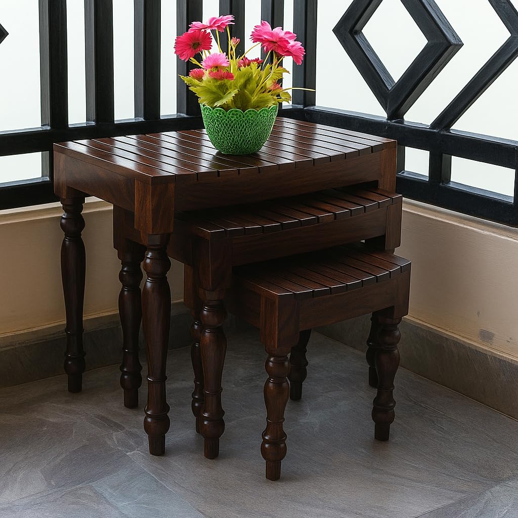 Solid Sheesham Wood Nesting Table for Living Room | Wooden Nesting Tables Set of 3 Stools for Decor | Bedside Table for Bedroom Furniture | Flower Pot Vase Stand | Dark Brown Finish