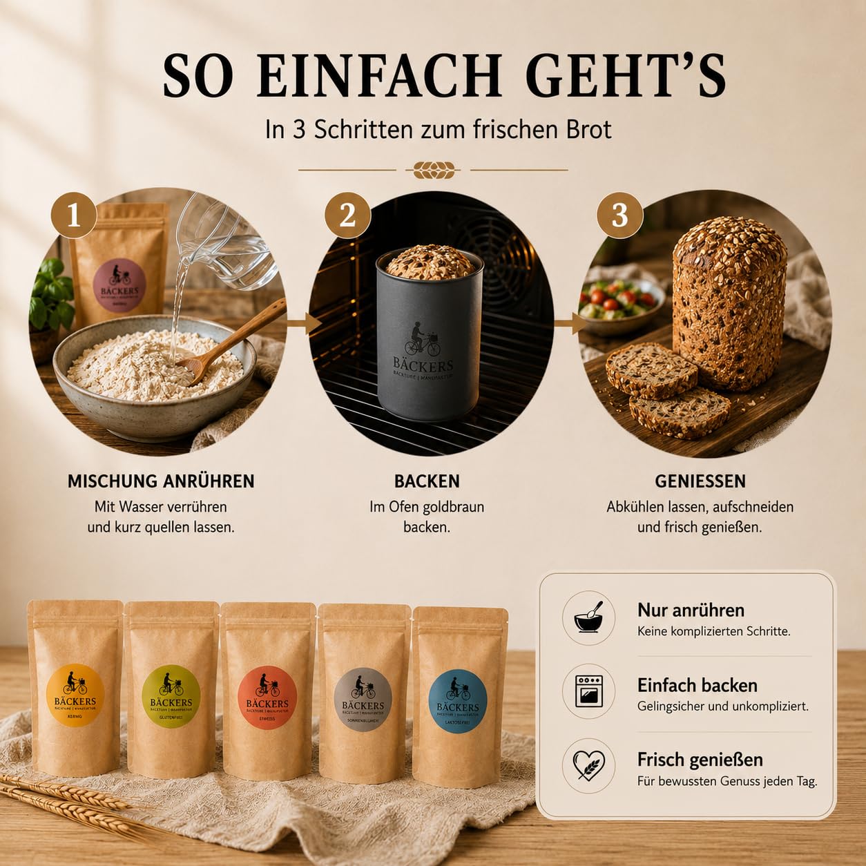 BÄCKERS Brotback-Starterset, 5 Brotbackmischungen mit einzigartiger Silikon-Backform (Made in Germany) & Dänischem Teigrührer | Einfach leckeres Brot backen I ohne Zusatzstoffe & immer frisch