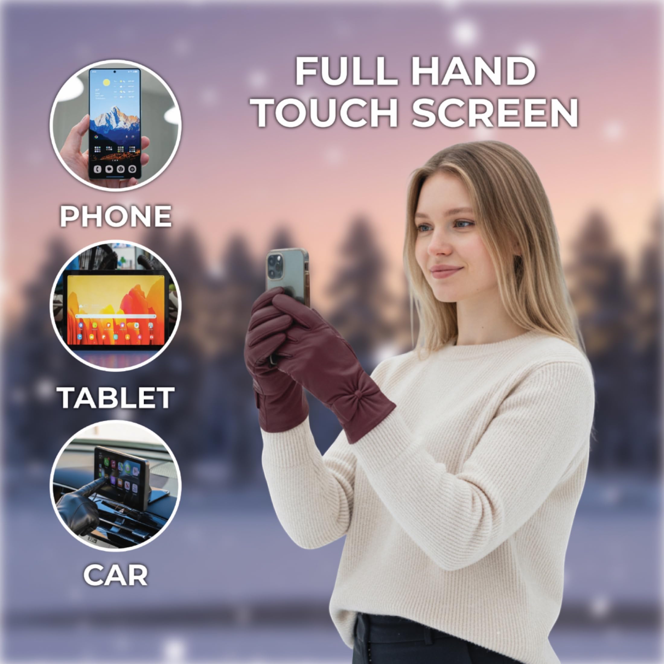 Infinity Leather Guantes de Invierno de Piel Italiana Para Mujer Forrados de Lana, Compatibles con Pantallas Táctiles, Resistentes al Agua y Con Diseño de Lazo.