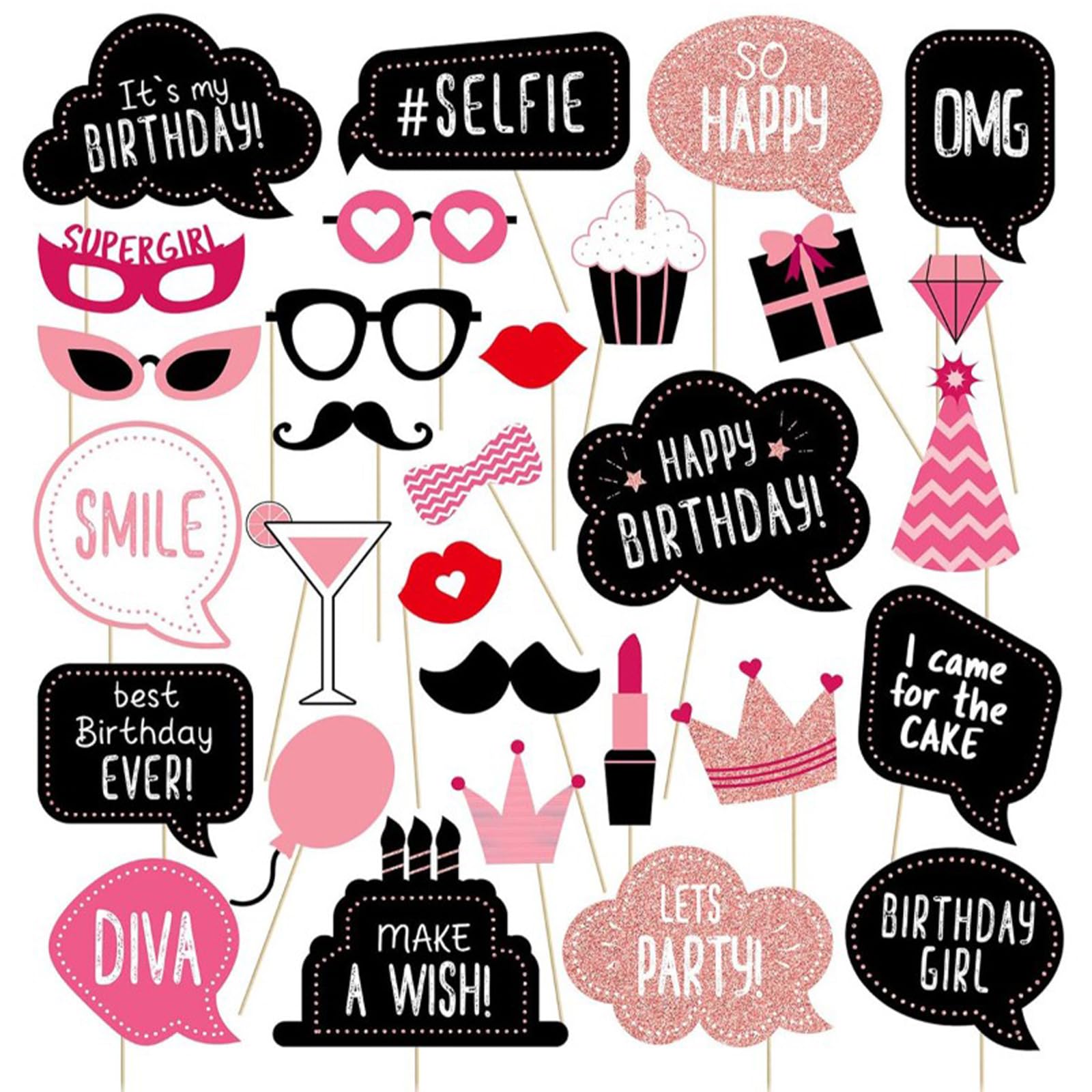 Hsc Girls Black And Pink Photo Booth Props, 30Pcs Black Pink Rose Gold Photo Booth Props Birthday For Party Accessories