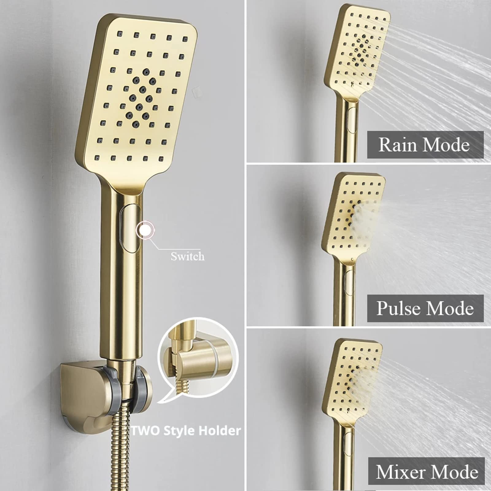Badewannenarmatur Mit 3 Arten Modus Handbrause, Gebürstetes Gold, Wandmontage Wannenarmatur Messing Wannenfüller, Einhand Kalt Und Warmwasser Wannenmischbatterie