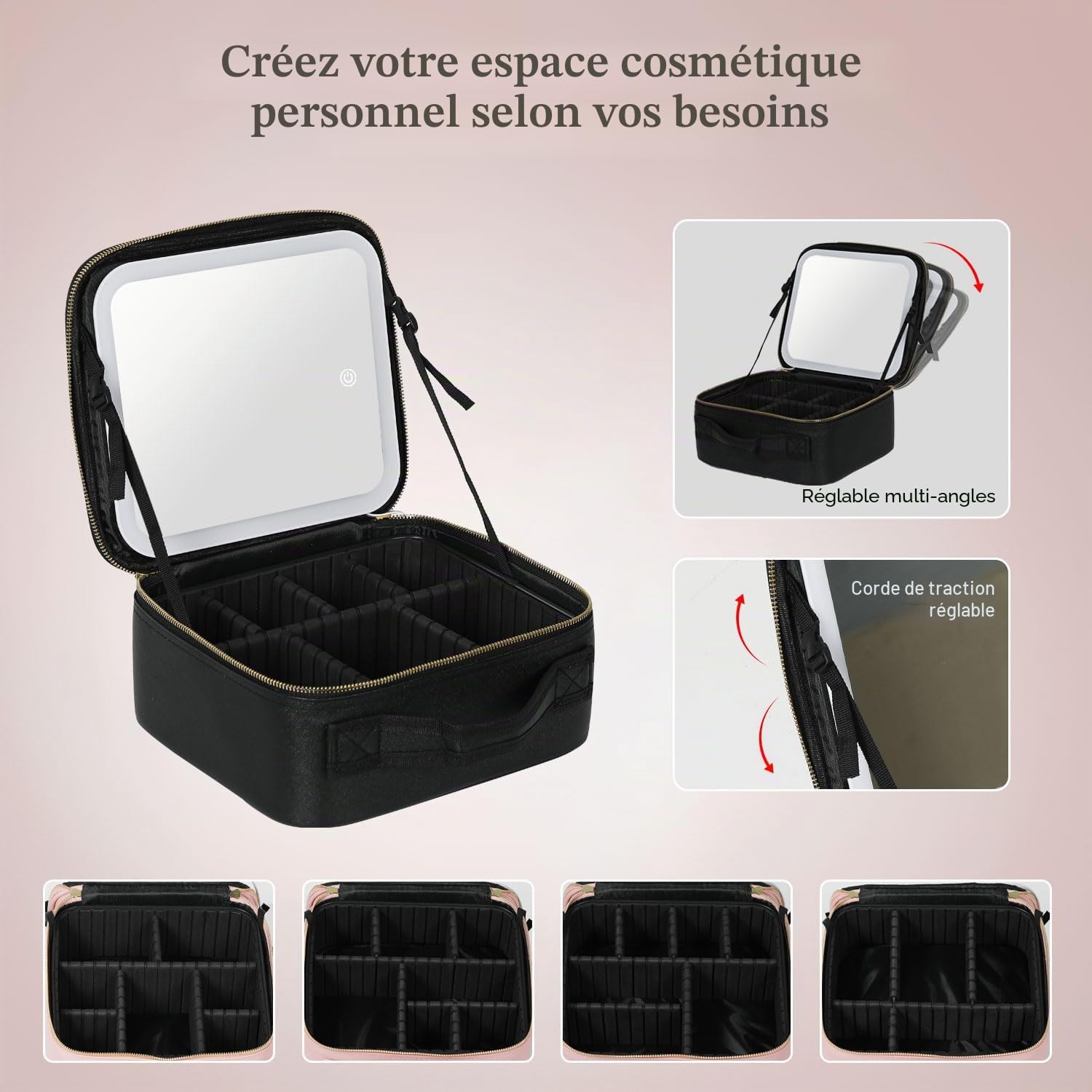 Behaesty Trousse de Maquillage de Voyage avec Miroir éclairé à Del, Trousse de Maquillage avec 3 réglages de Couleur, étui de Maquillage avec séparateurs réglables pour pinceaux de Maquillage pour