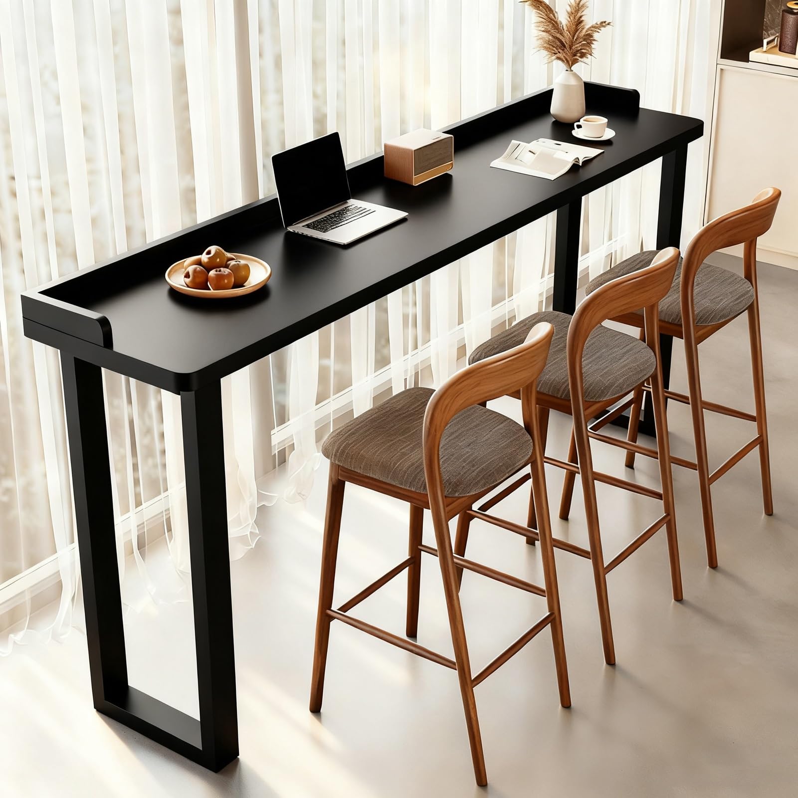 SXZenSpace Black Solid Wood Bar Height Table 71in Coffee Counter Desk with Fence Rectangle Dining Console for Bistro Cafe & Home Narrow Design (No Stool)