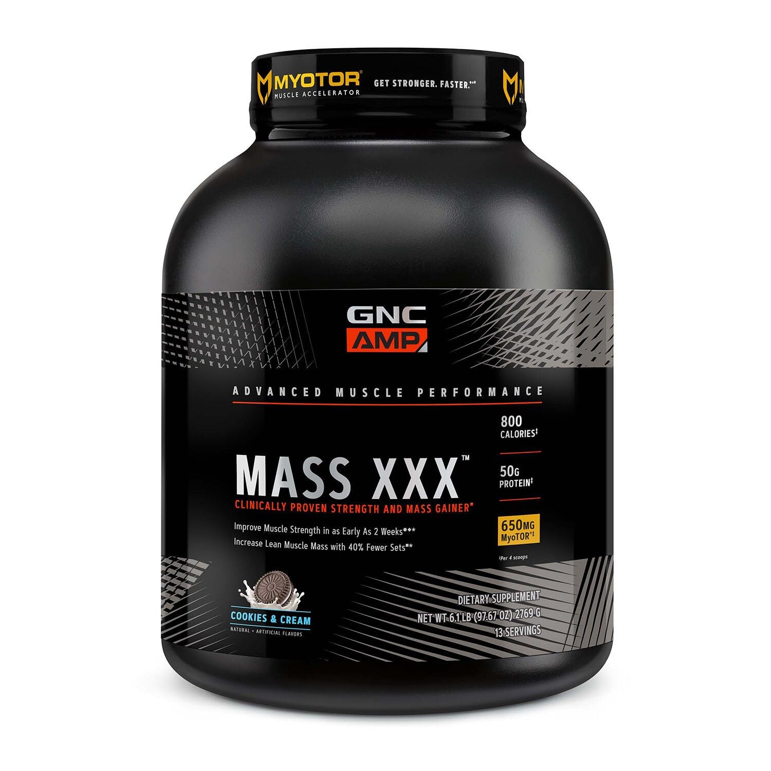 GNC AMP Mass XXX, Clinically Proven Weight Gainer Protein Powder, Improves Strength, Size, 780 Calories, 50g Protein, Micronized Amino Acids, Creatine, Betaine, Cookies & Cream, 13 Servings, 6 SVG