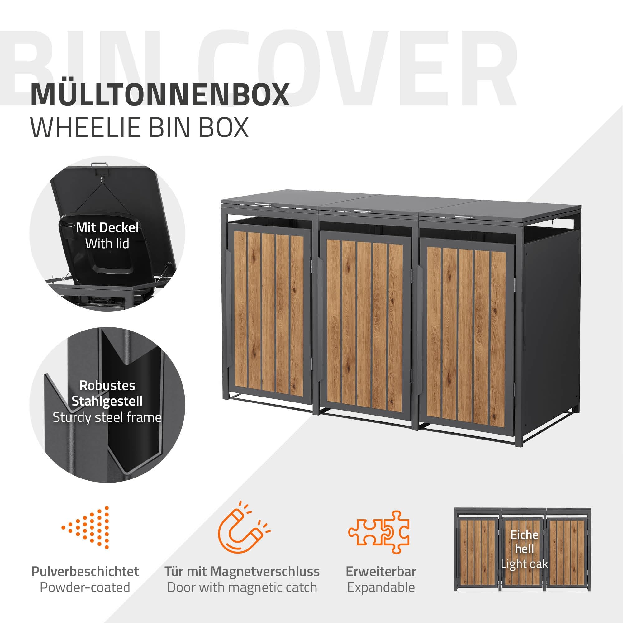ML-Design Mülltonnenbox 3er 240L, Mülltonnenverkleidung für 3 Mülltonnen, Müllbox wetterfest, Mülltonnenhaus aus Stahl, Müllcontainer mit Klappdeckel & Tür, Gerätebox 196x80x120 cm Anthrazit-Holzoptik
