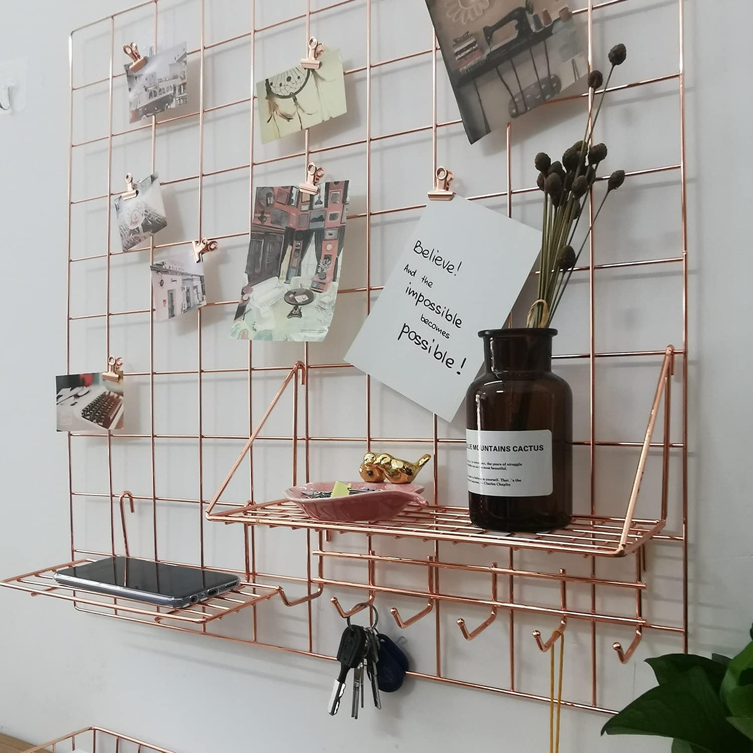 Multifunction Electroplated Bling Metal Mesh Grid Panel, Wall Photo Artwork Display and Organizer for College Dorm Living Room, Pack of 1 Pcs, 23.6" x 23.6", Rose Gold