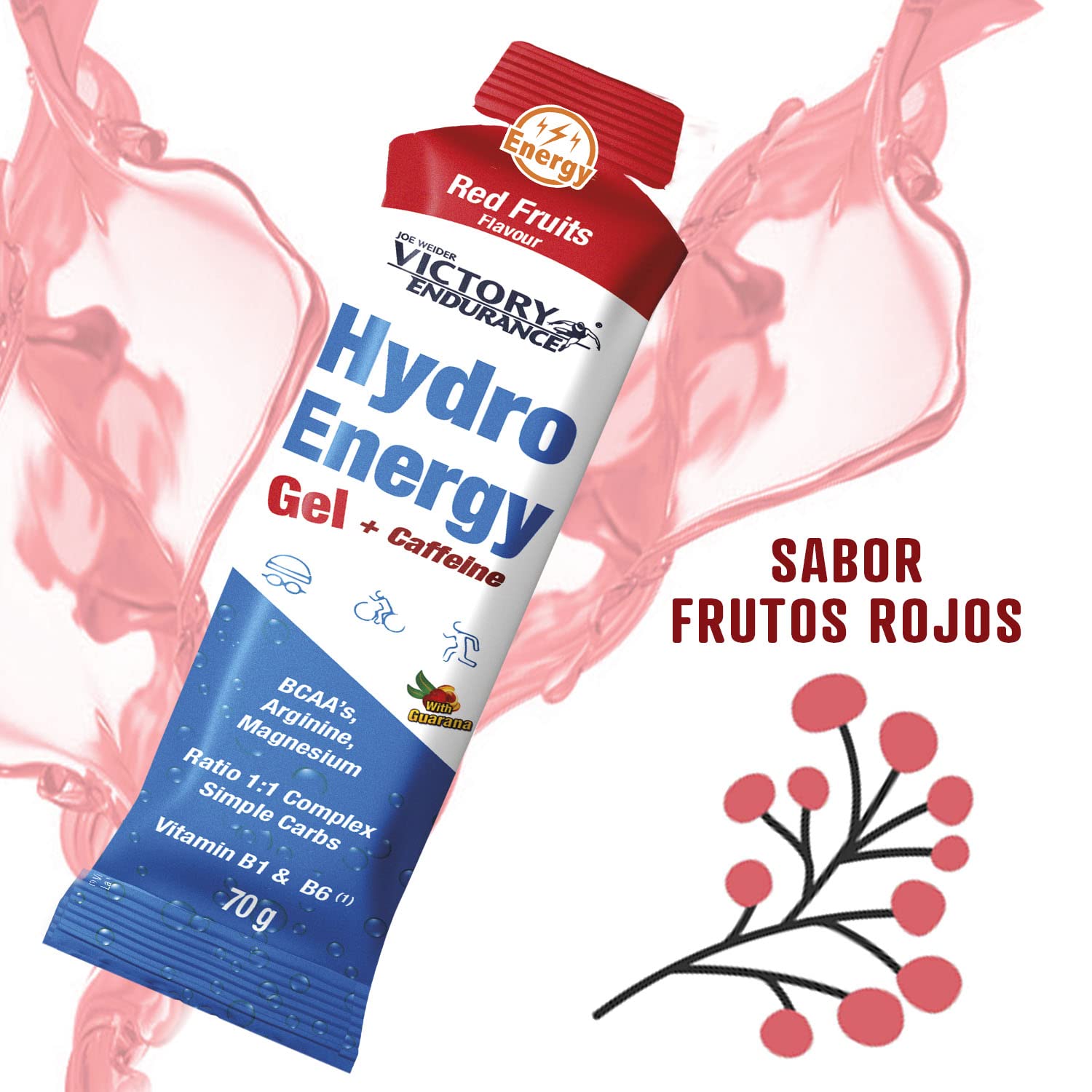 Victory Endurance Hydro Energy Gel Caffeine Red Fruit 70g.Textura Más Líquida. 42 mg de Cafeína por Gel