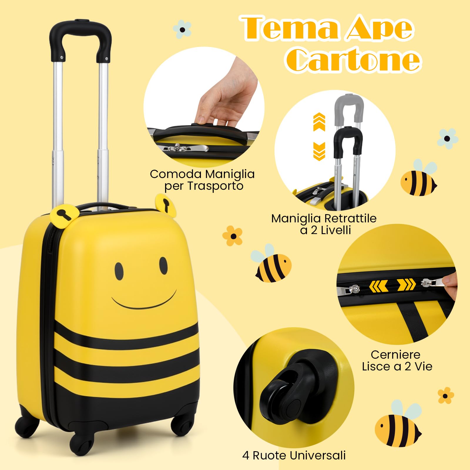 COSTWAY Set di Valigia per Bambini, 16" Valigia+ 12" Zaino, 2 Pezzi, con Ruote Girevoli a 360° e Maniglia Retrattile, Ideale per Viaggiare in Modo Comodo e Divertente (Modello 24)