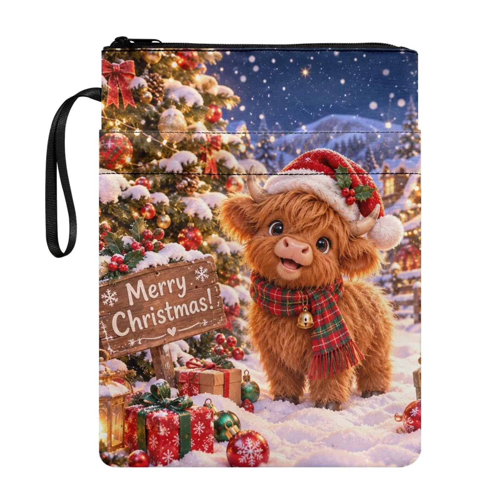 Poceacles Zippered Book Sleeve with Extra Pockets, Washable Fabric Christmas Book Cover Pouch Protector for Paperbacks, Hardcovers, Highland Cow Merry Christmas โ image 1