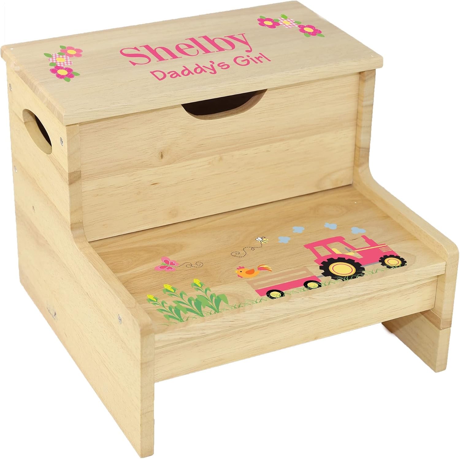 My Bambino Personalized Kids Step Stool | Wood Storage Stool - Pink Tractor | Custom Name Toddler Bathroom & Kitchen Helper | Great Baby Gift