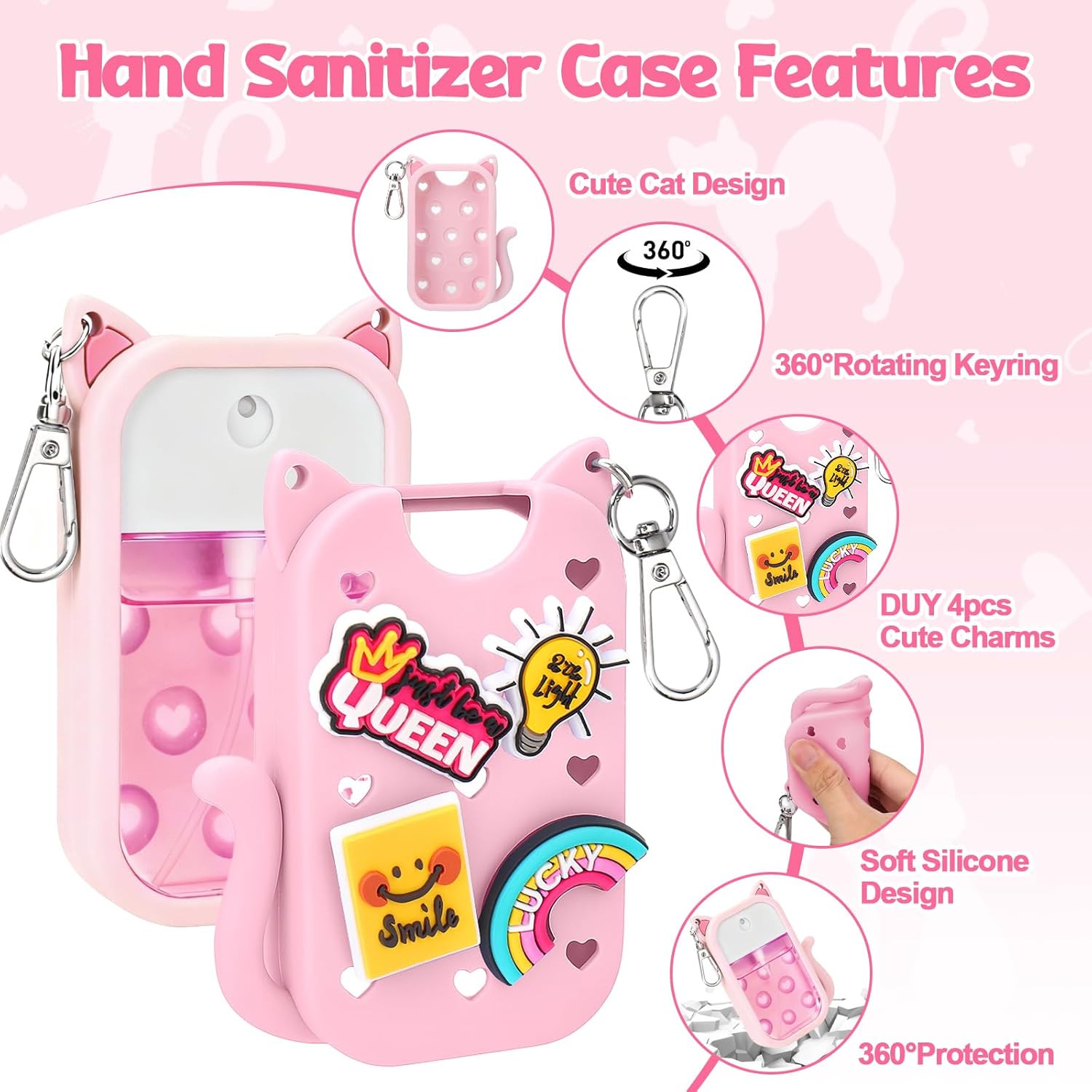 Mity rain Hand Sanitizer Spray Case Compatible With Touchland, Cute Silicone Hand Sanitizer Holder Keychain with 4 Charms, Portable Refillable Sanitizer Accessory, Gift for Women And Teens(Pink) - Image 3