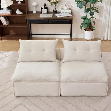 Sectional Couch, Corduroy Upholstered Couchs Cloud Couch with Lumbar Pillow and Neck Pillow-Back Comfy Lounge Sofa Chair No Armrests for Living Room, Office, Apartment Beige+Chenille+2 Seat