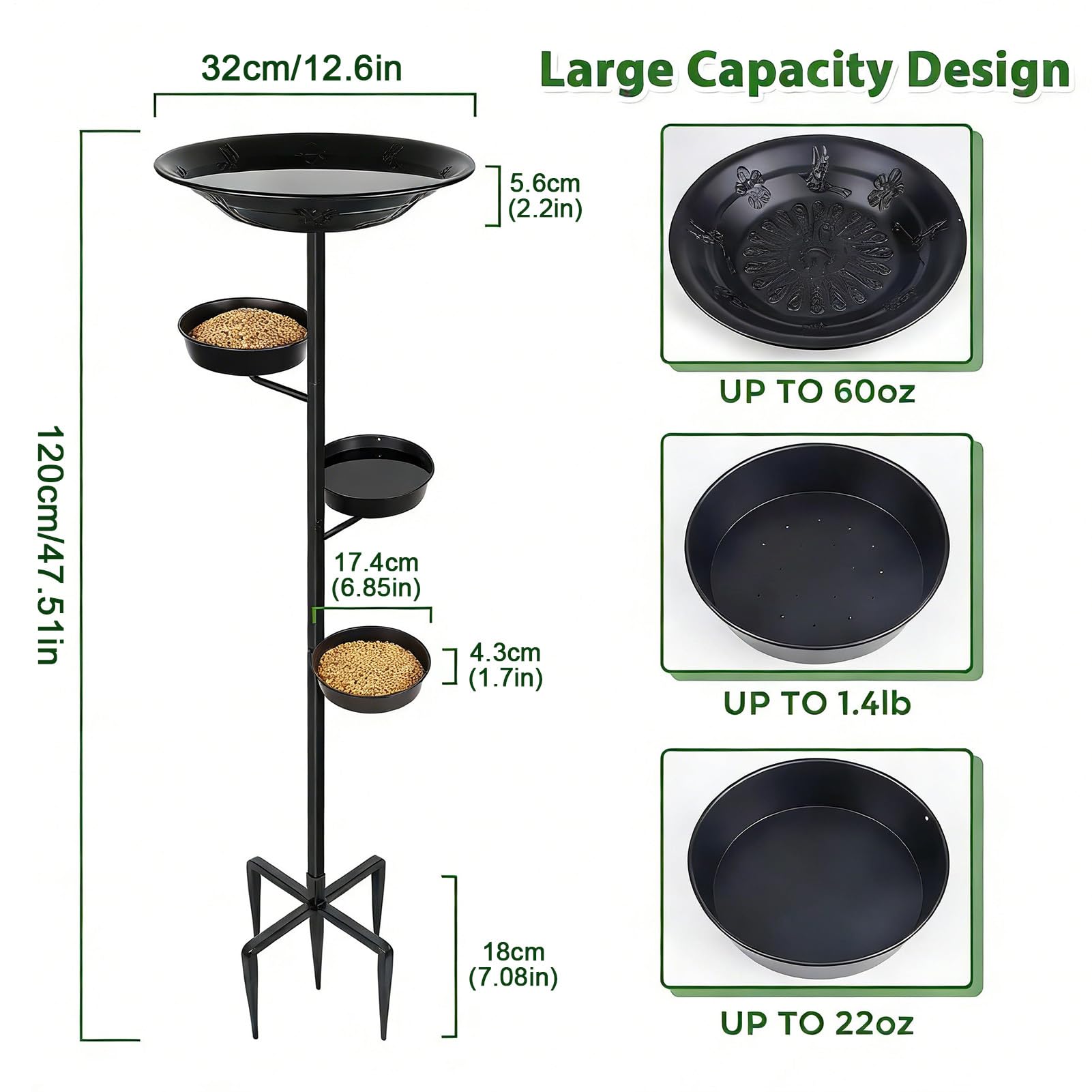 Pila o Baño para Pájaros de Metal con Estacas, Múltiples Niveles, Elegante | y Bebedero para Aves Silvestres de Exterior para Jardín, Patio, Terraza y