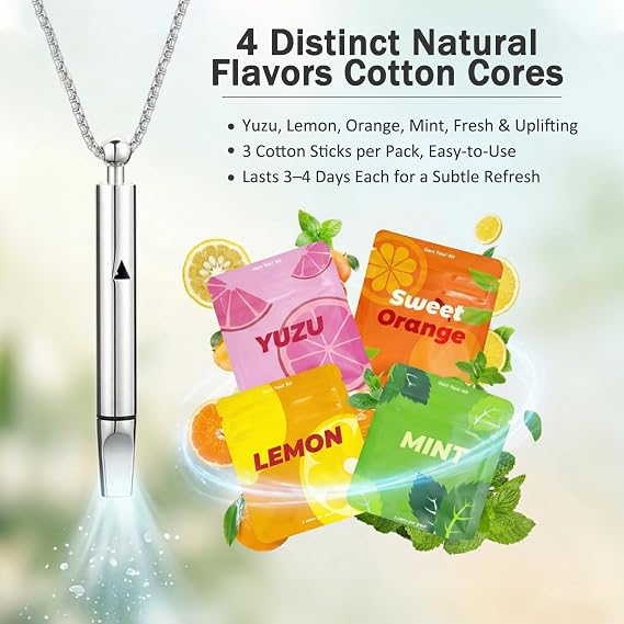 Breathing Necklace to Replace Bad Habit with 12pcs Refillable Cores in 4 Flavours, Habit Support Necklace for Stress Relief, Refreshing Inhaler Sensory Fidget Necklace for Adults (Silver)