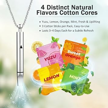 Breathing Necklace to Replace Bad Habit with 12pcs Refillable Cores in 4 Flavours, Habit Support Necklace for Stress Relief, Refreshing Inhaler Sensory Fidget Necklace for Adults (Silver)