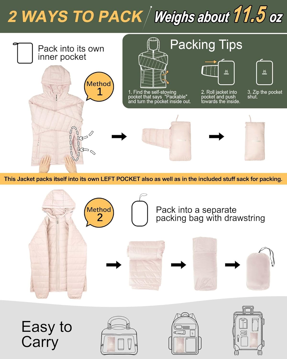 Outdoor Ventures Women's Packable Lightweight Full-Zip Puffer Jacket with Hood Quilted Winter Coat - Image 2