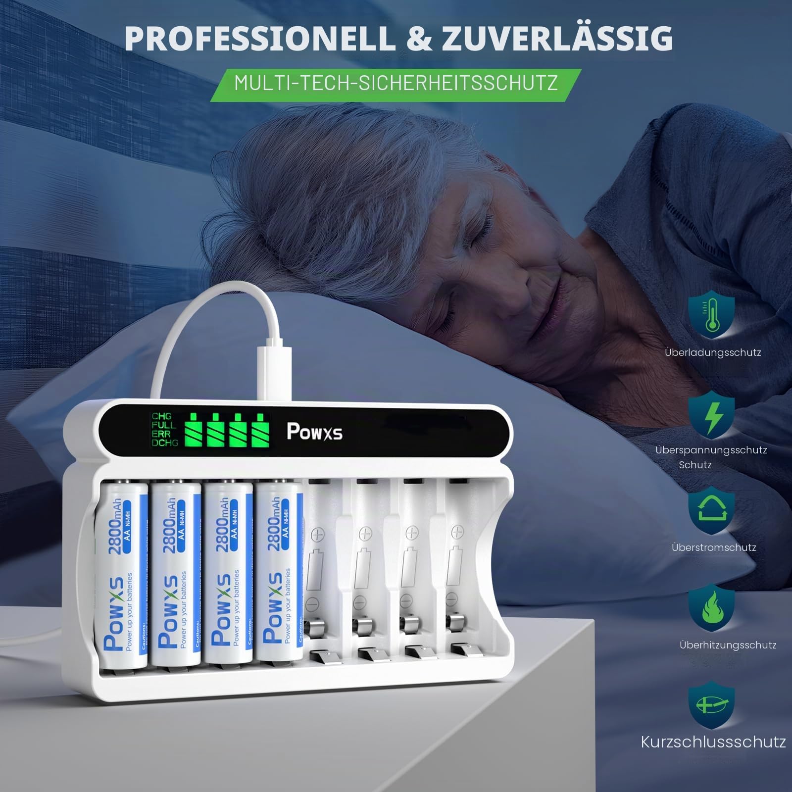 POWXS Batterie ladegerät für NI-MH NI-CD AA/AAA Akkus, 8-Ladeplatz Akku Ladegerät mit LCD Anzeige, Universal Schnell Ladegerät für Micro USB & Type-C Eingang (Akkuladegerät)