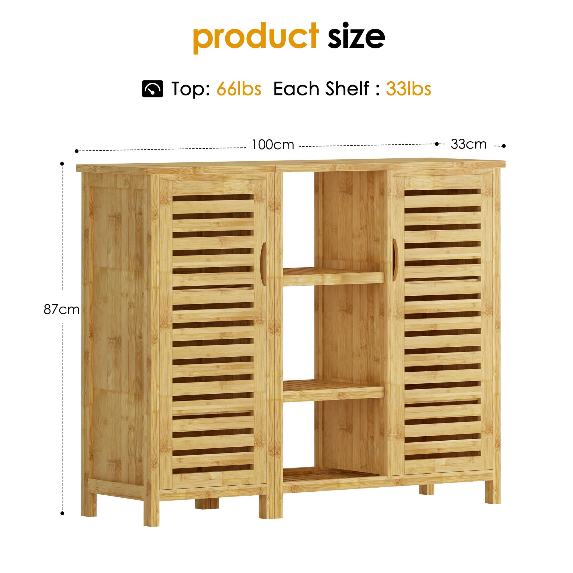 SogesPower Beistellschrank Bambus Badezimmerschrank Sideboard für Badezimmer, Buffet mit Standfüßen, Allzweck-Aufbewahrungsschrank für Wohnzimmer, Küche, Büro oder Flur